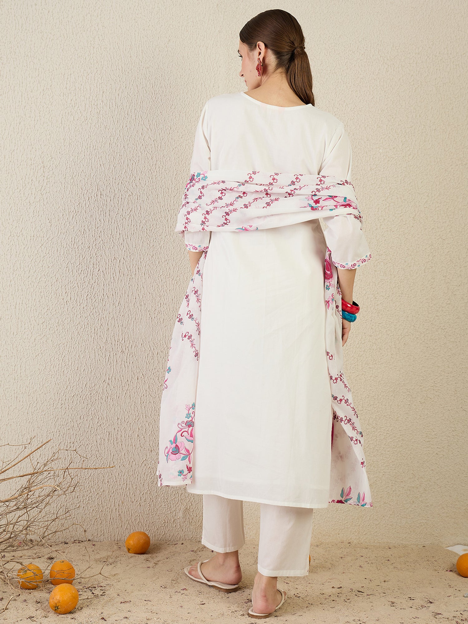 Indo Era White Embroidered Straight Kurta Trousers With Dupatta set- IE