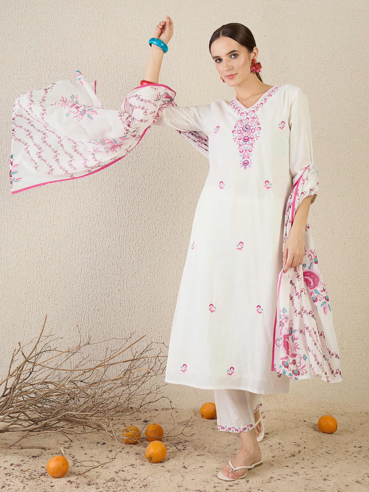 Indo Era White Embroidered Straight Kurta Trousers With Dupatta set- IE