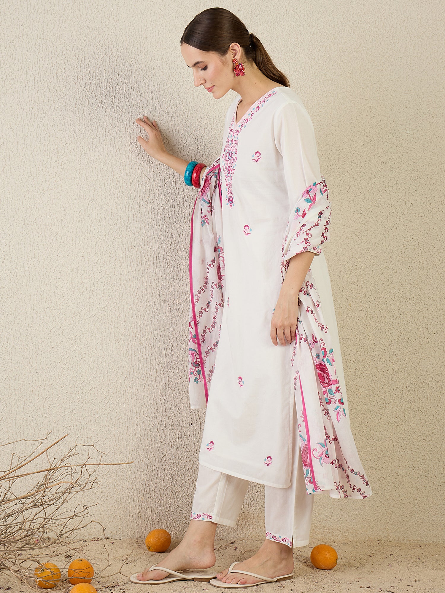 Indo Era White Embroidered Straight Kurta Trousers With Dupatta set- IE