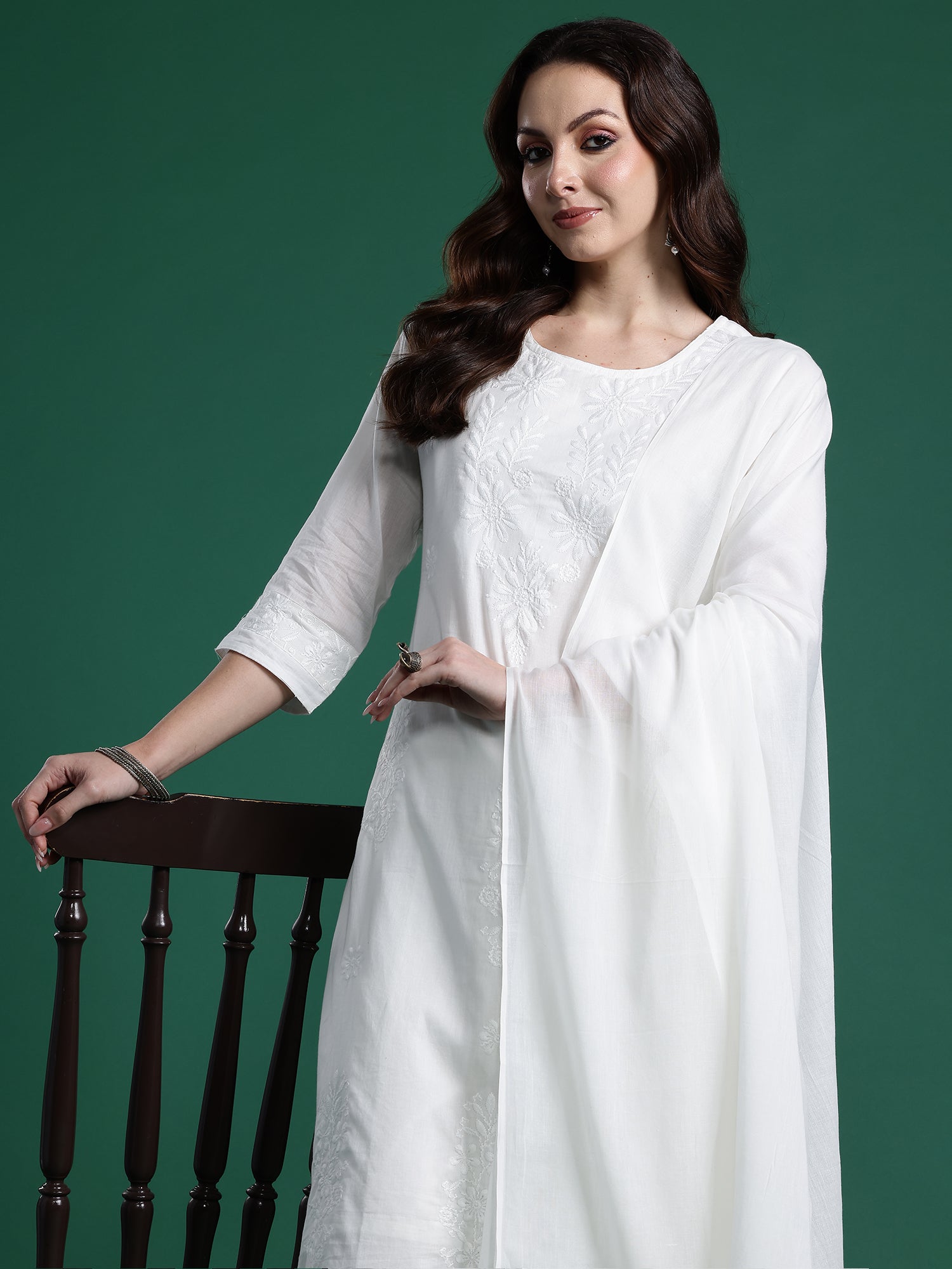 Indo Era White Embroidered Straight Kurta Trousers With Dupatta set- IE