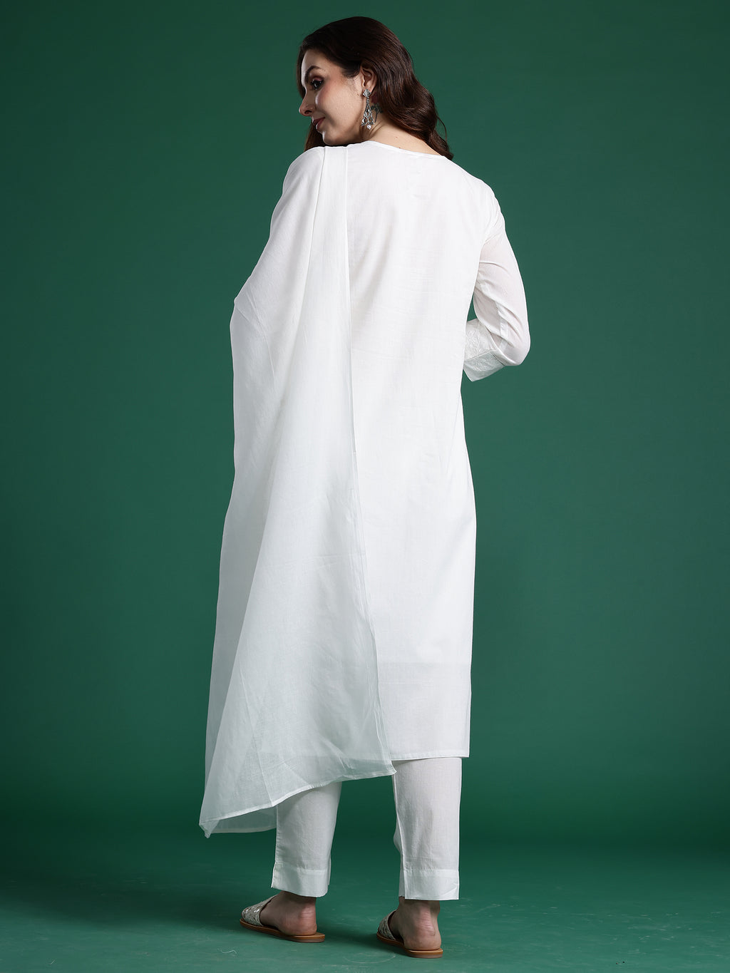 Indo Era White Embroidered Straight Kurta Trousers With Dupatta set- IE