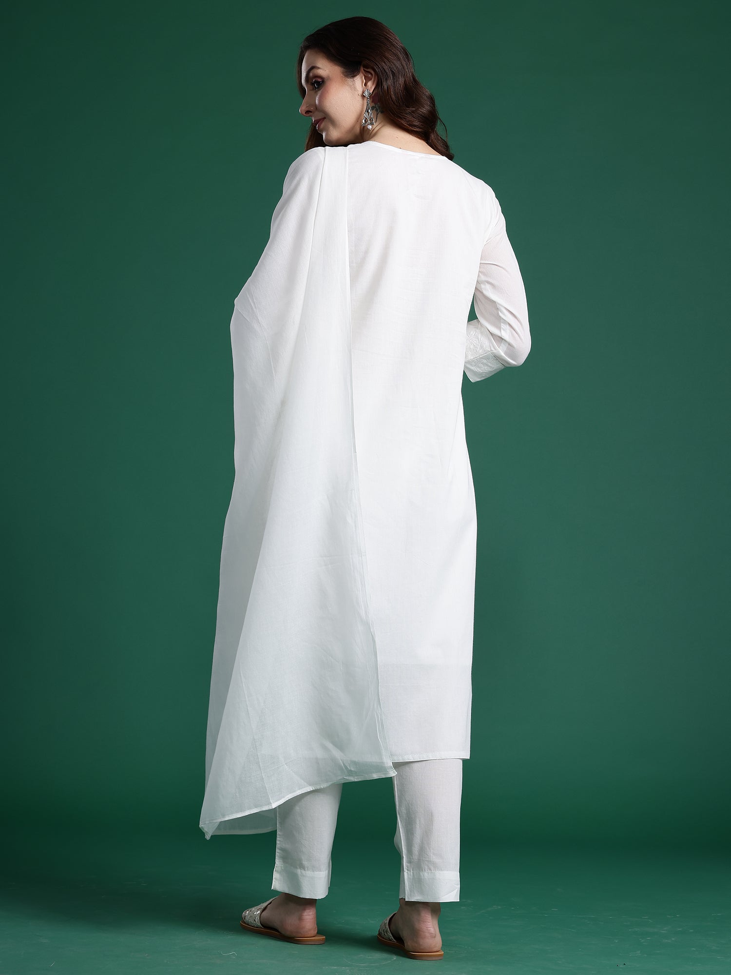 Indo Era White Embroidered Straight Kurta Trousers With Dupatta set- IE