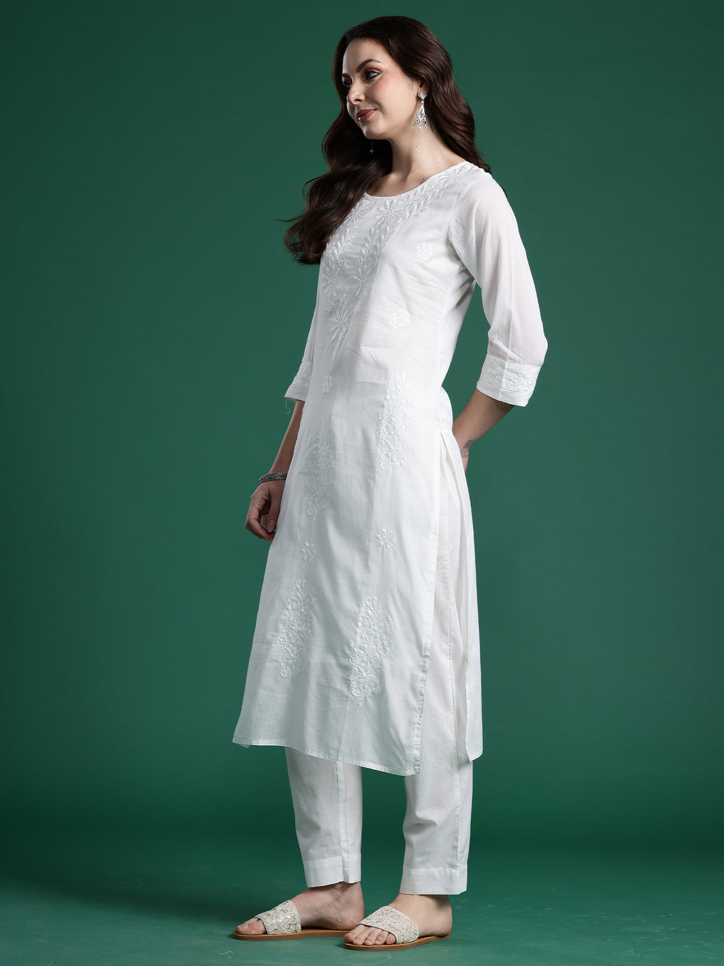 Indo Era White Embroidered Straight Kurta Trousers With Dupatta set- IE