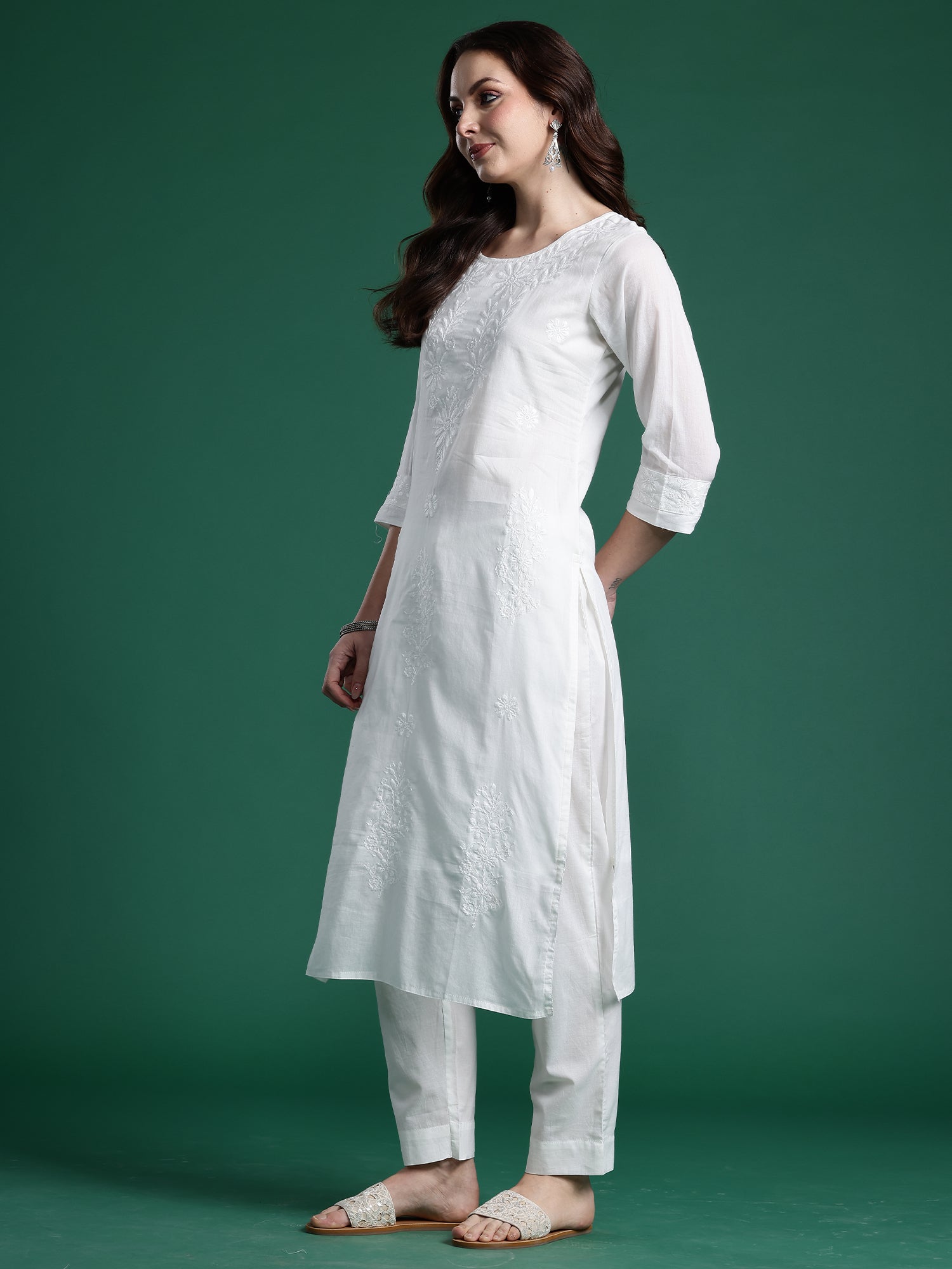 Indo Era White Embroidered Straight Kurta Trousers With Dupatta set- IE