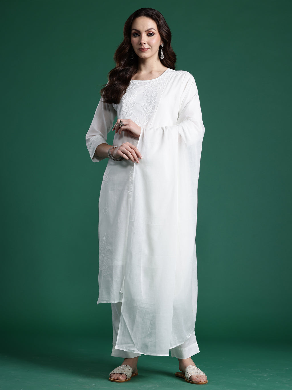Indo Era White Embroidered Straight Kurta Trousers With Dupatta set- IE