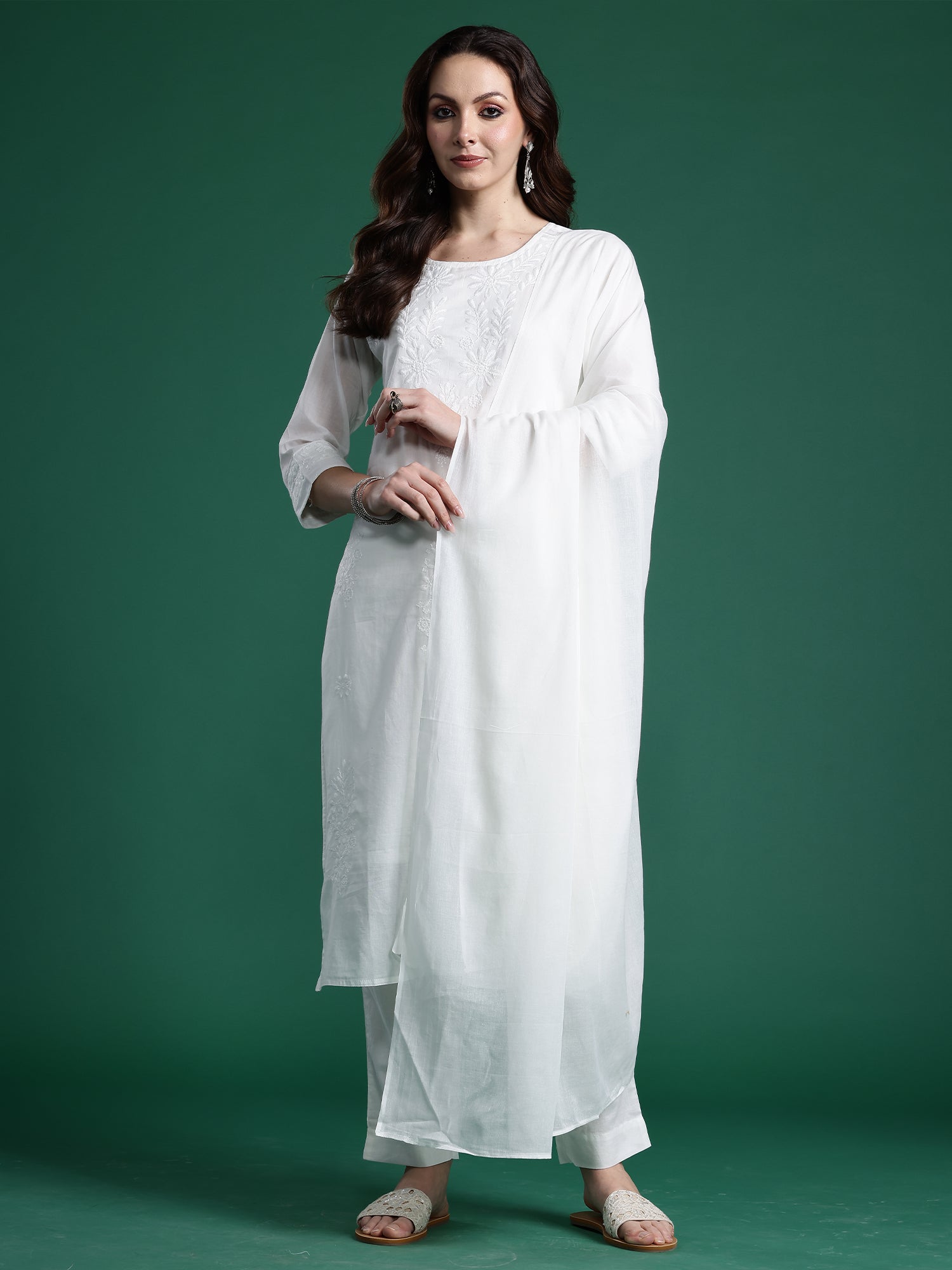Indo Era White Embroidered Straight Kurta Trousers With Dupatta set- IE
