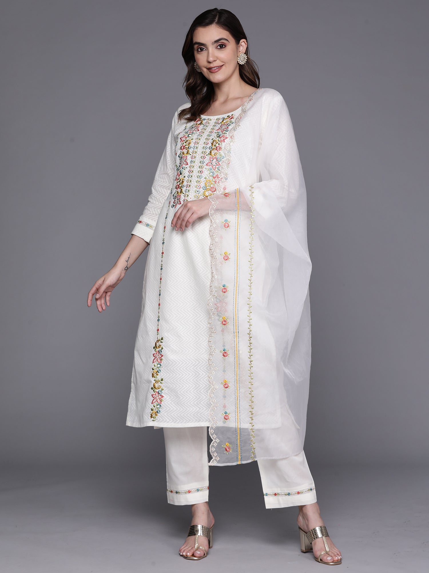 White Embroidered Straight  Kurta Trousers With Dupatta Set