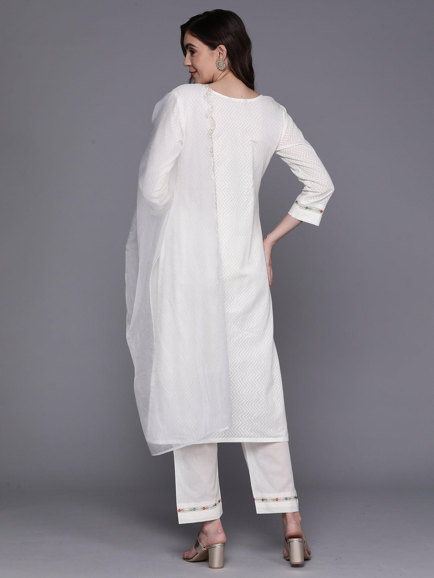 White Embroidered Straight  Kurta Trousers With Dupatta Set