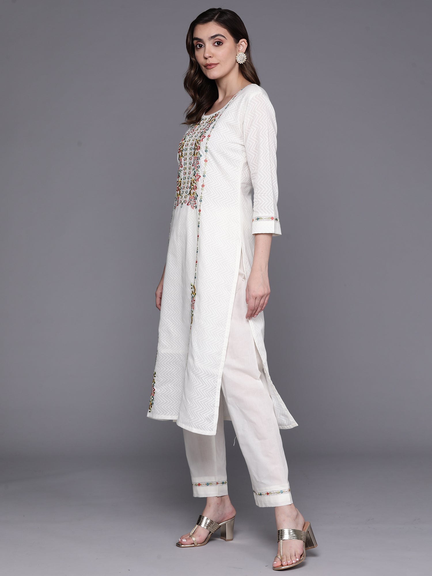 White Embroidered Straight  Kurta Trousers With Dupatta Set