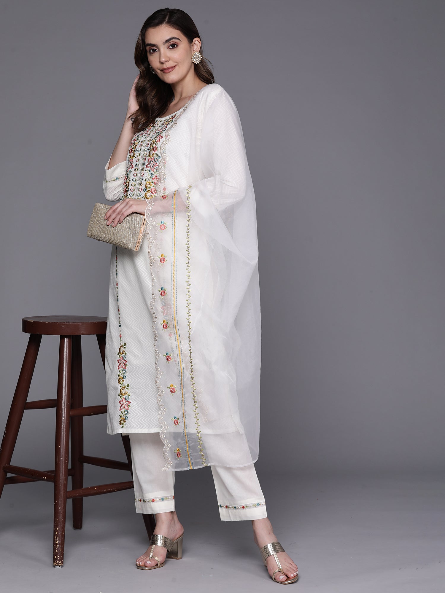 White Embroidered Straight  Kurta Trousers With Dupatta Set