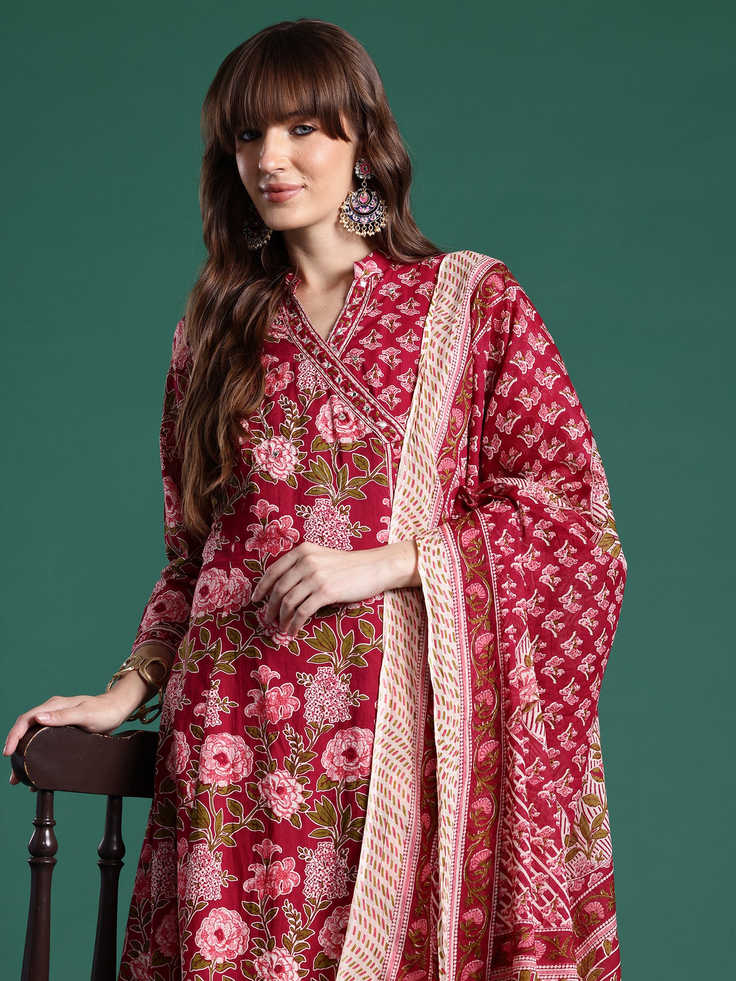 Indo era Burgundy Printed A-Line Kurta Trousers With Dupatta Set- IE