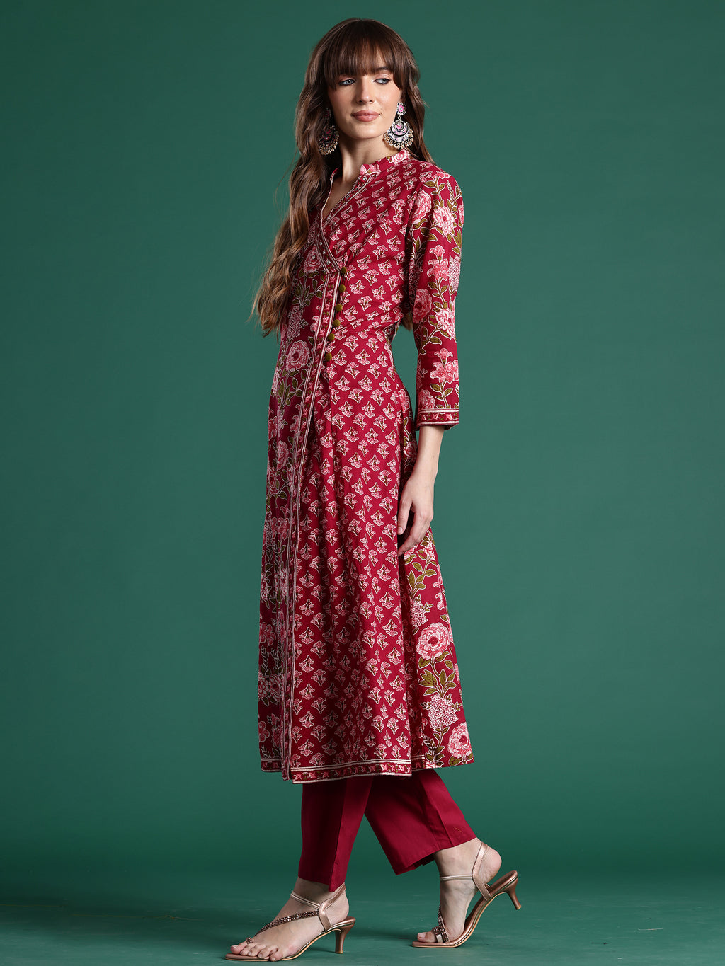 Indo era Burgundy Printed A-Line Kurta Trousers With Dupatta Set- IE