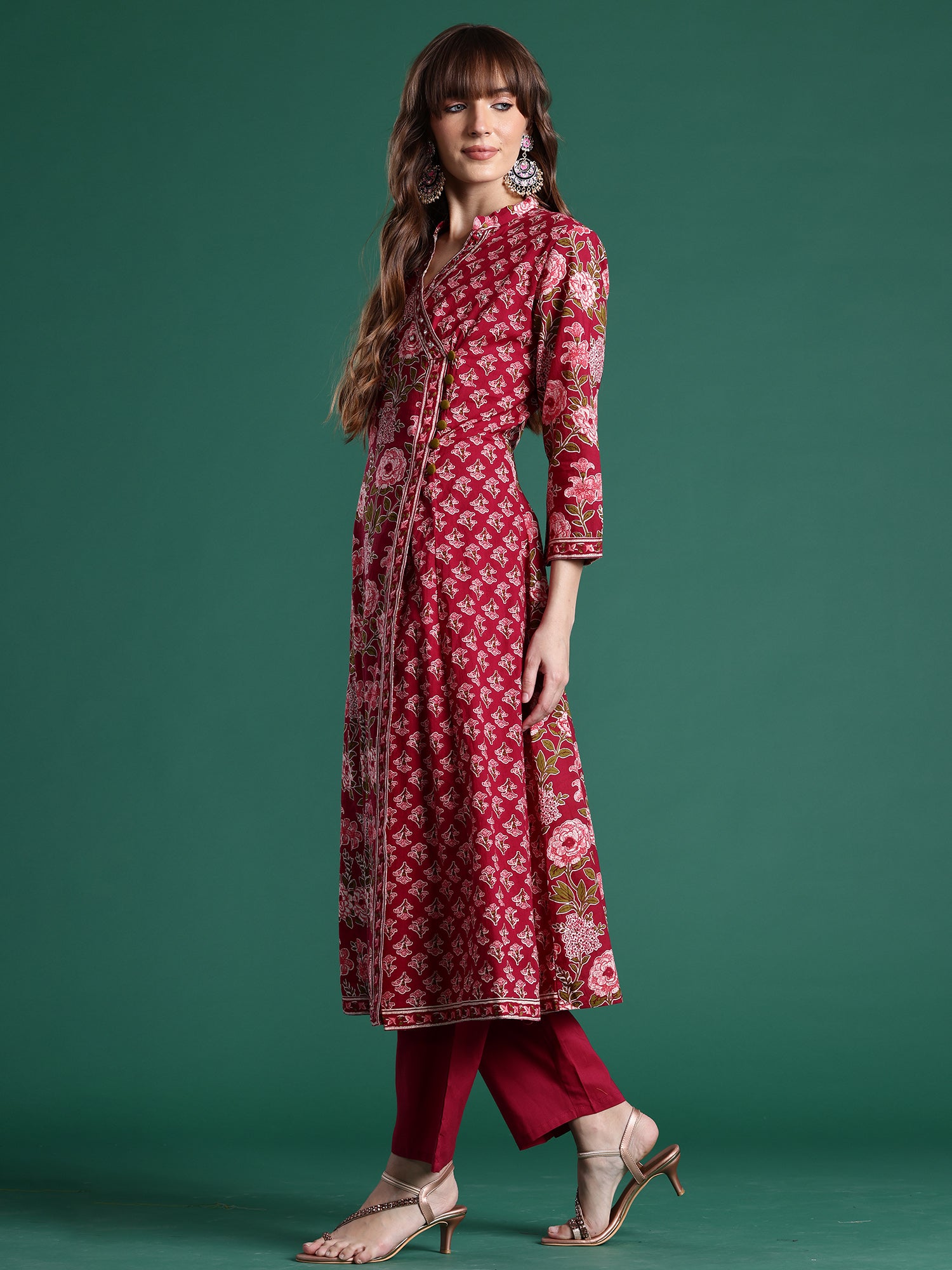 Indo era Burgundy Printed A-Line Kurta Trousers With Dupatta Set- IE