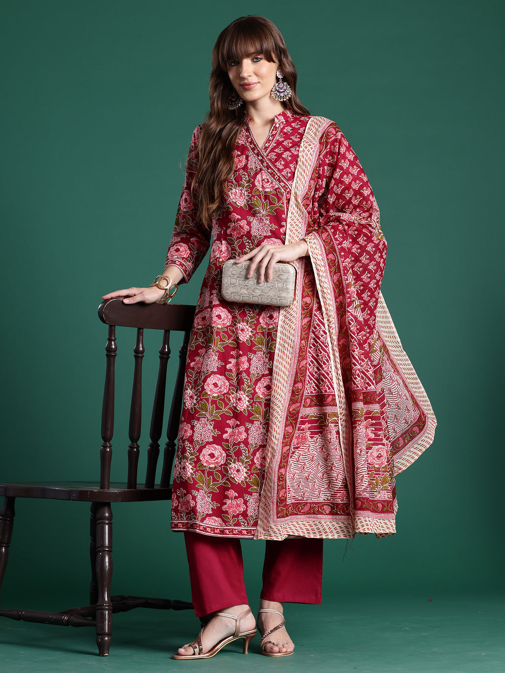Indo era Burgundy Printed A-Line Kurta Trousers With Dupatta Set- IE