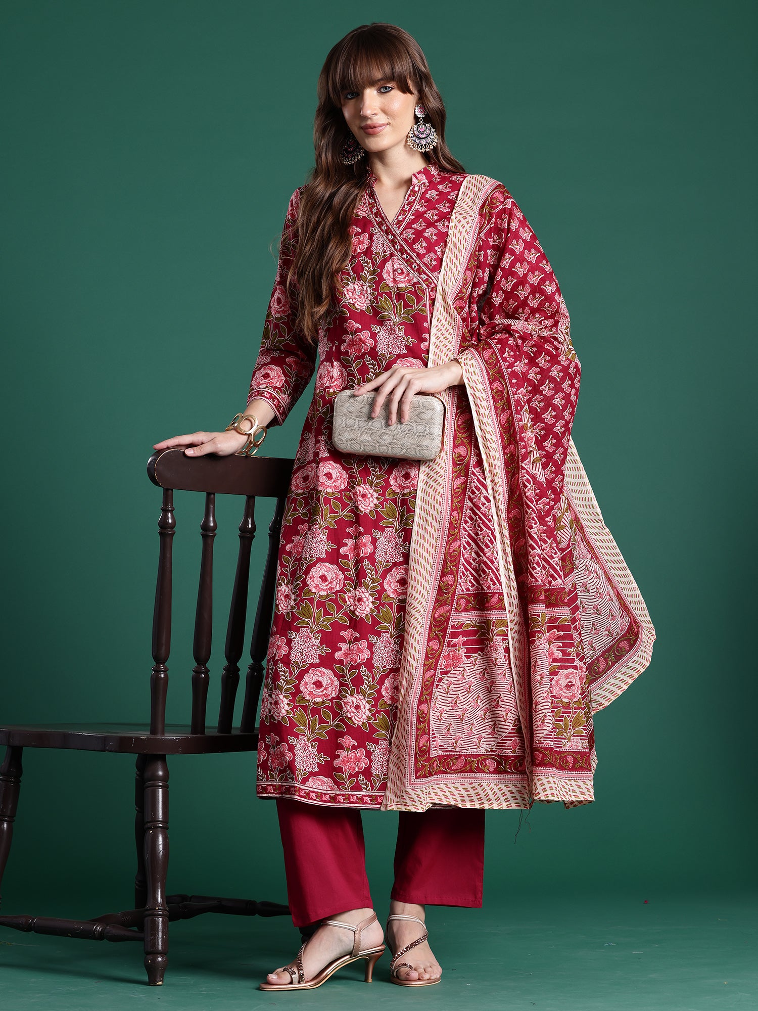 Indo era Burgundy Printed A-Line Kurta Trousers With Dupatta Set- IE