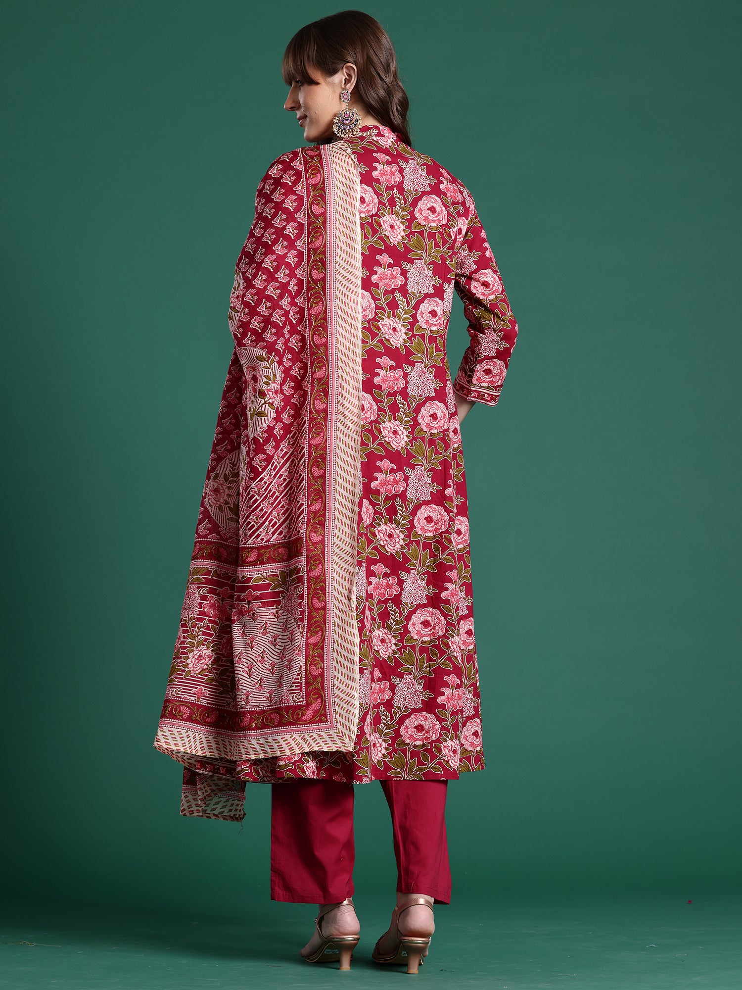 Indo era Burgundy Printed A-Line Kurta Trousers With Dupatta Set- IE