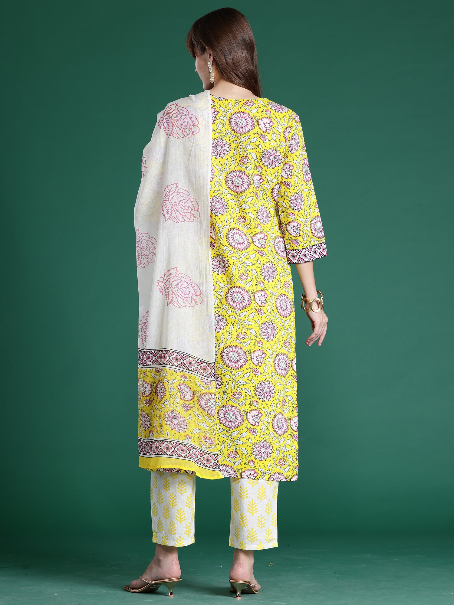 Indo Era Yellow Printed Straight Kurta Trousers With Dupatta Set- IE