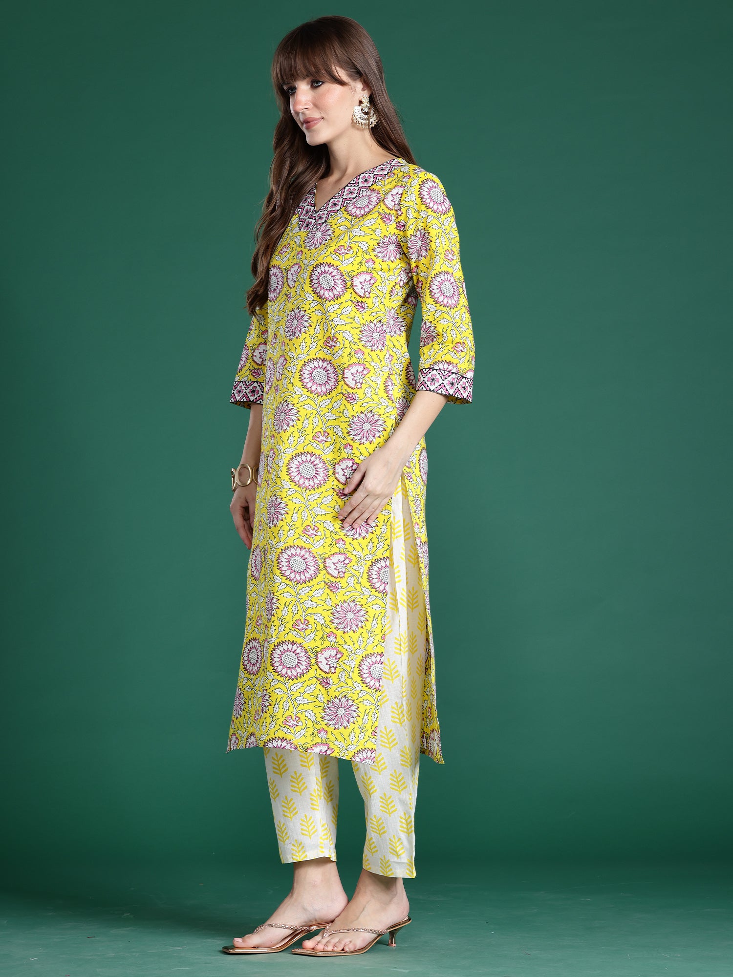 Indo Era Yellow Printed Straight Kurta Trousers With Dupatta Set- IE