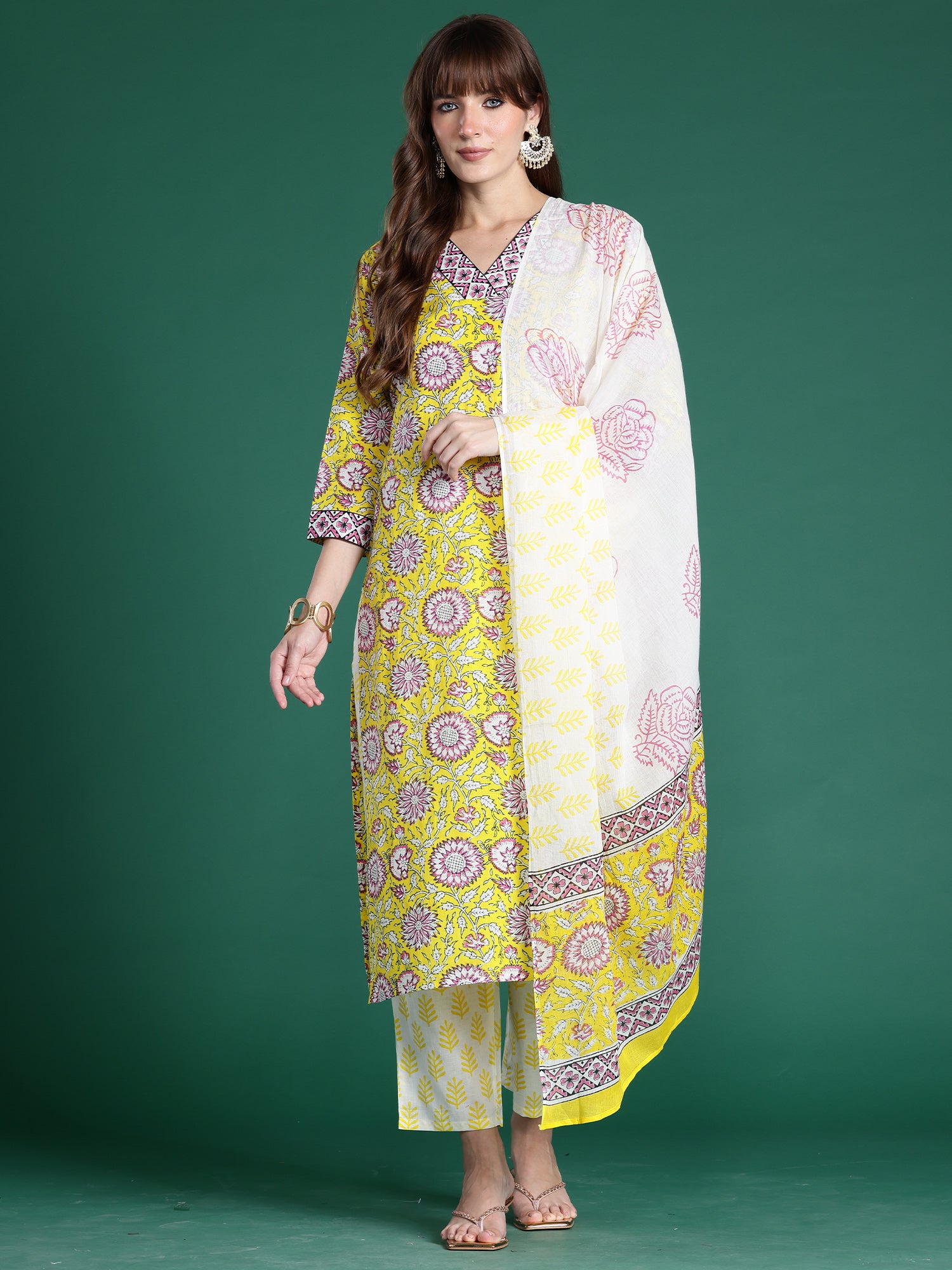 Indo Era Yellow Printed Straight Kurta Trousers With Dupatta Set- IE