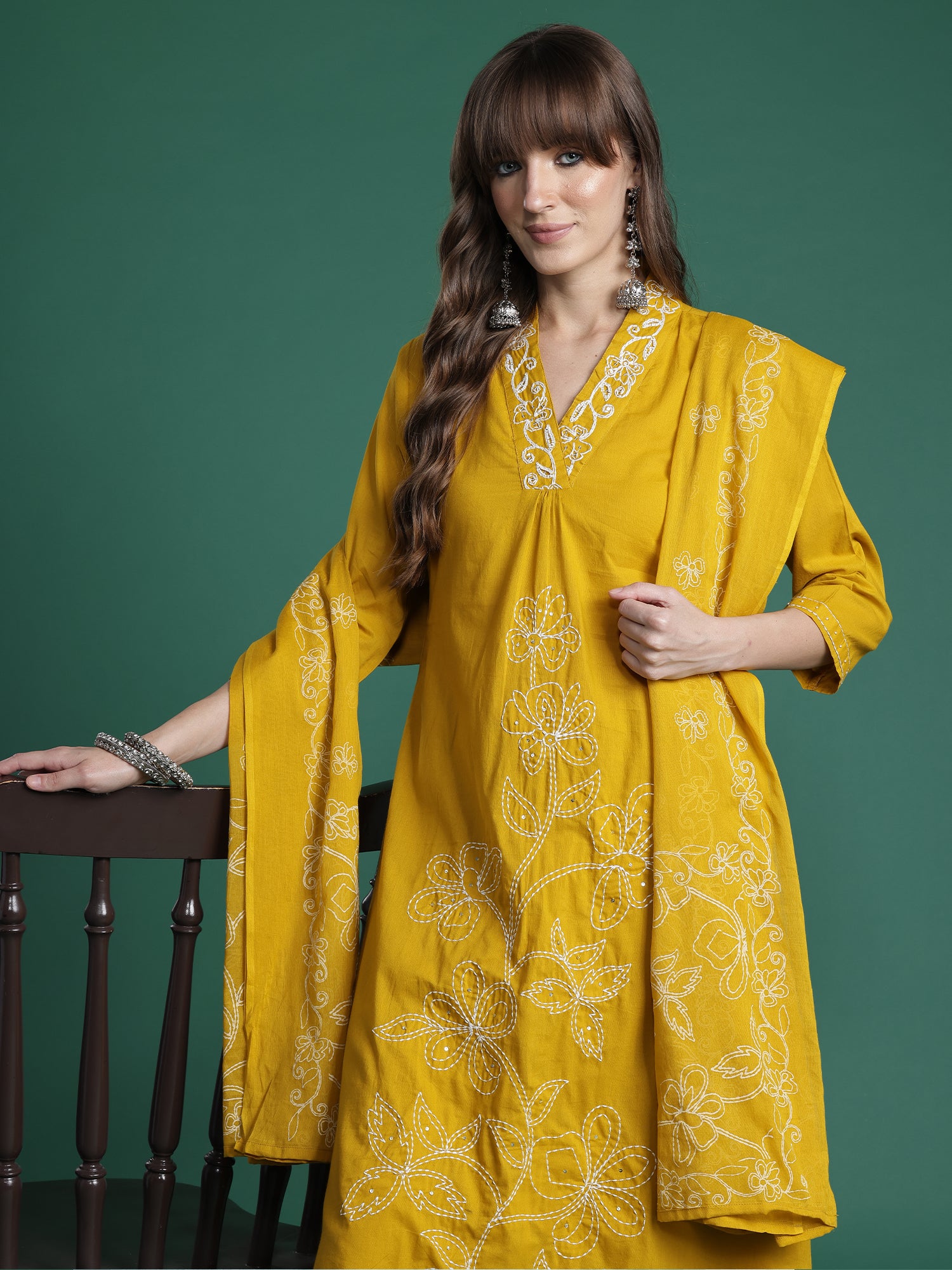 Indo era Yellow Embroidered A-Line Kurta Trousers With Dupatta Set- IE