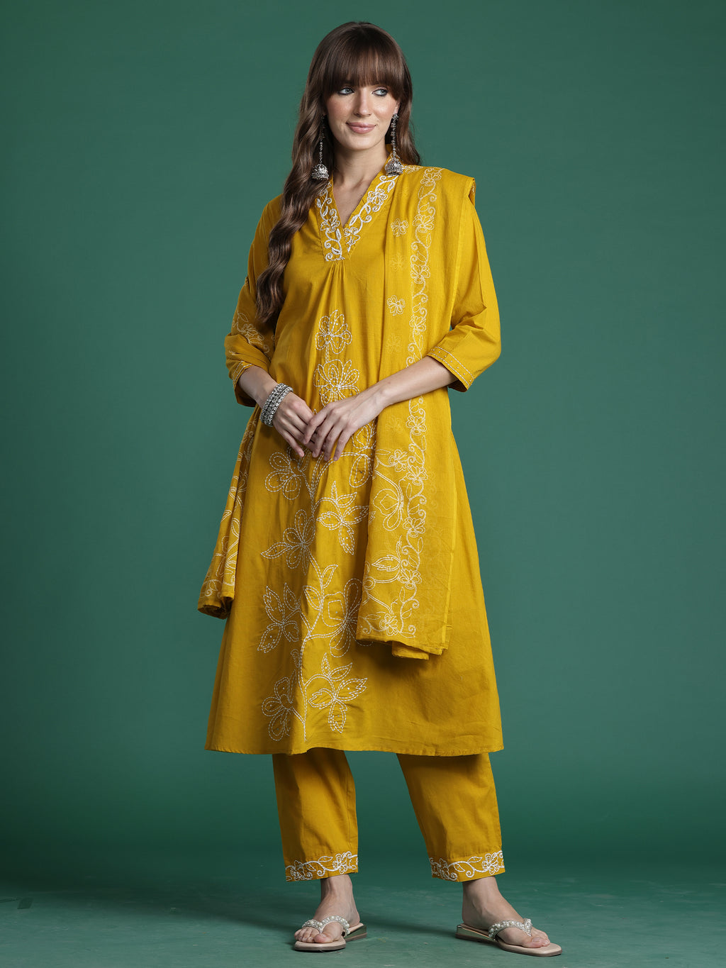 Indo era Yellow Embroidered A-Line Kurta Trousers With Dupatta Set- IE
