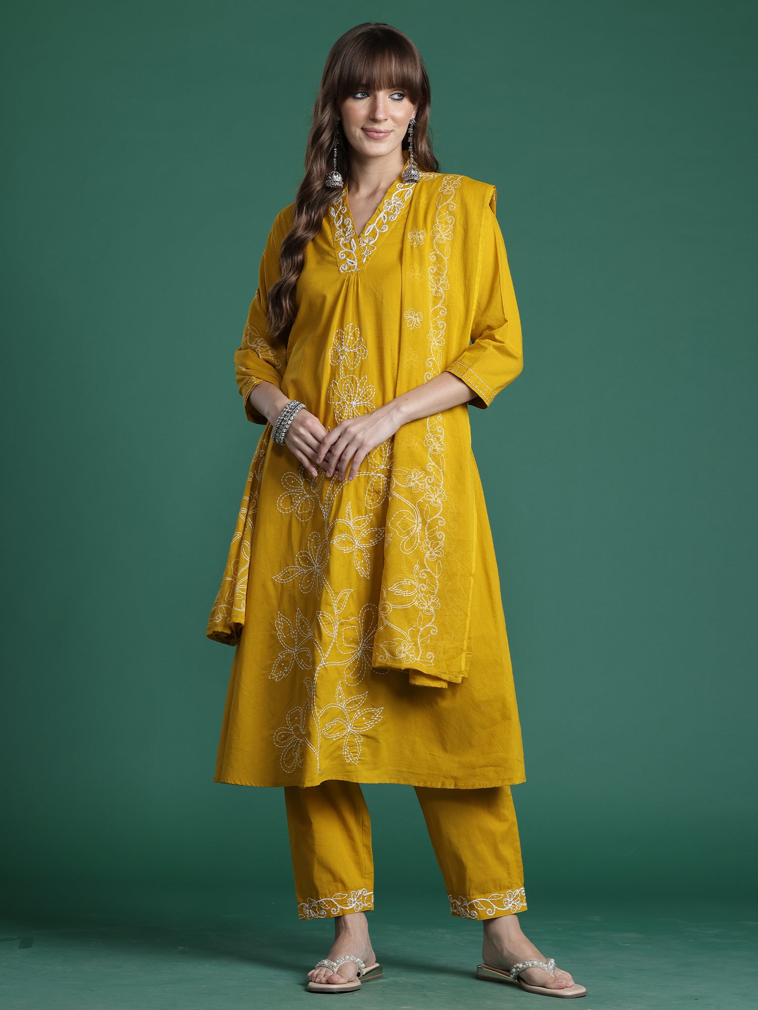 Indo era Yellow Embroidered A-Line Kurta Trousers With Dupatta Set- IE