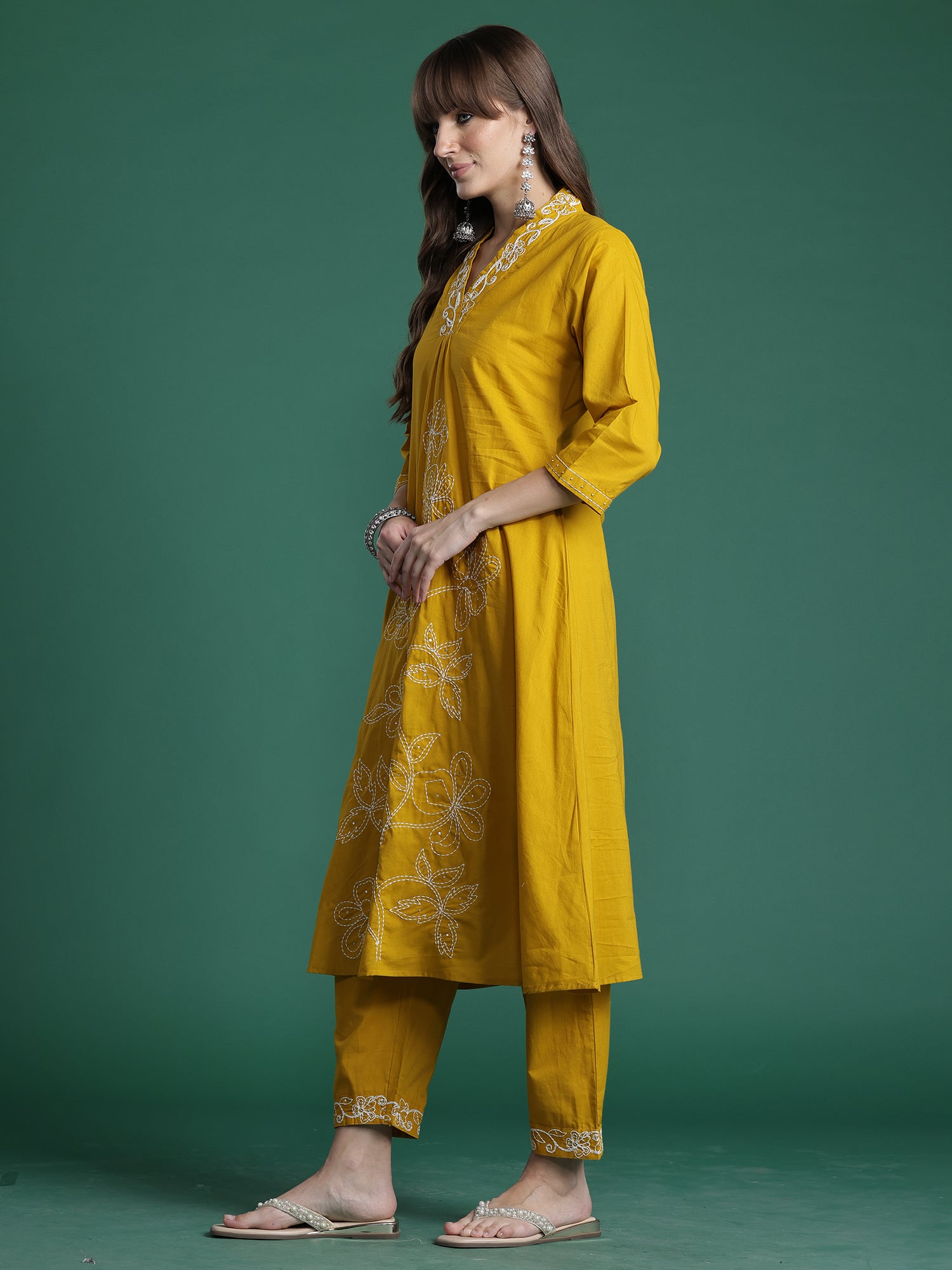Indo era Yellow Embroidered A-Line Kurta Trousers With Dupatta Set- IE