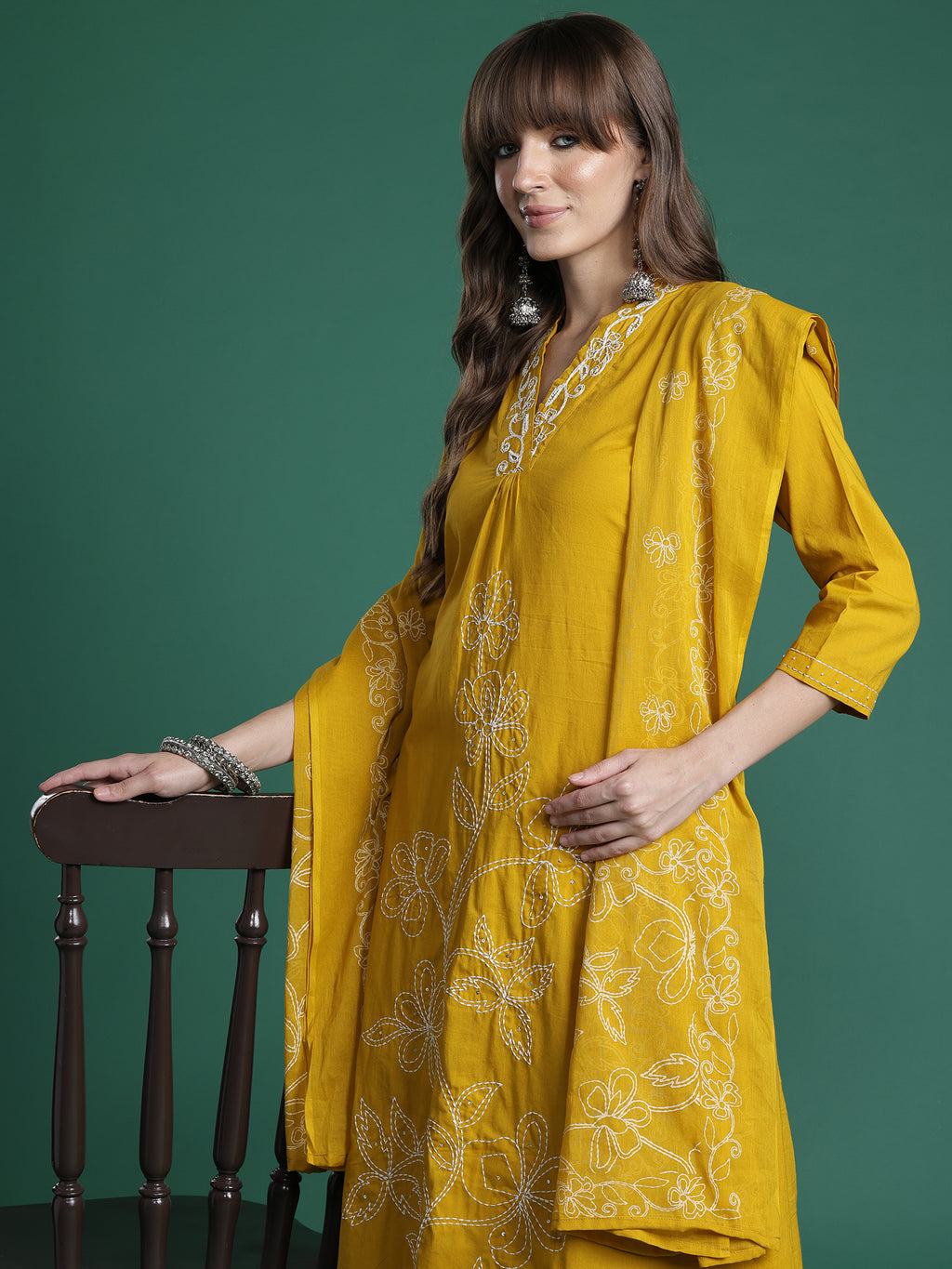 Indo era Yellow Embroidered A-Line Kurta Trousers With Dupatta Set- IE
