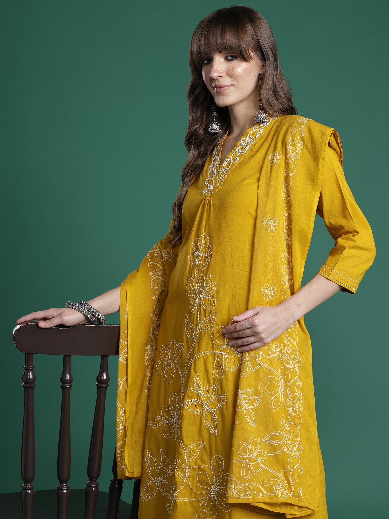Indo era Yellow Embroidered A-Line Kurta Trousers With Dupatta Set- IE