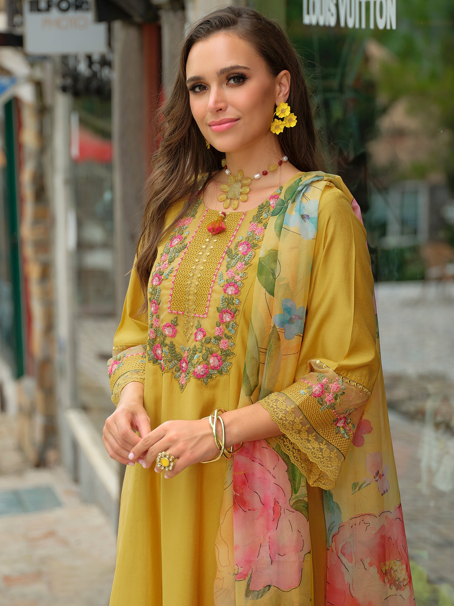 Indo Era Yellow Embroidered A-Line Kurta Trousers With Dupatta Set- IE