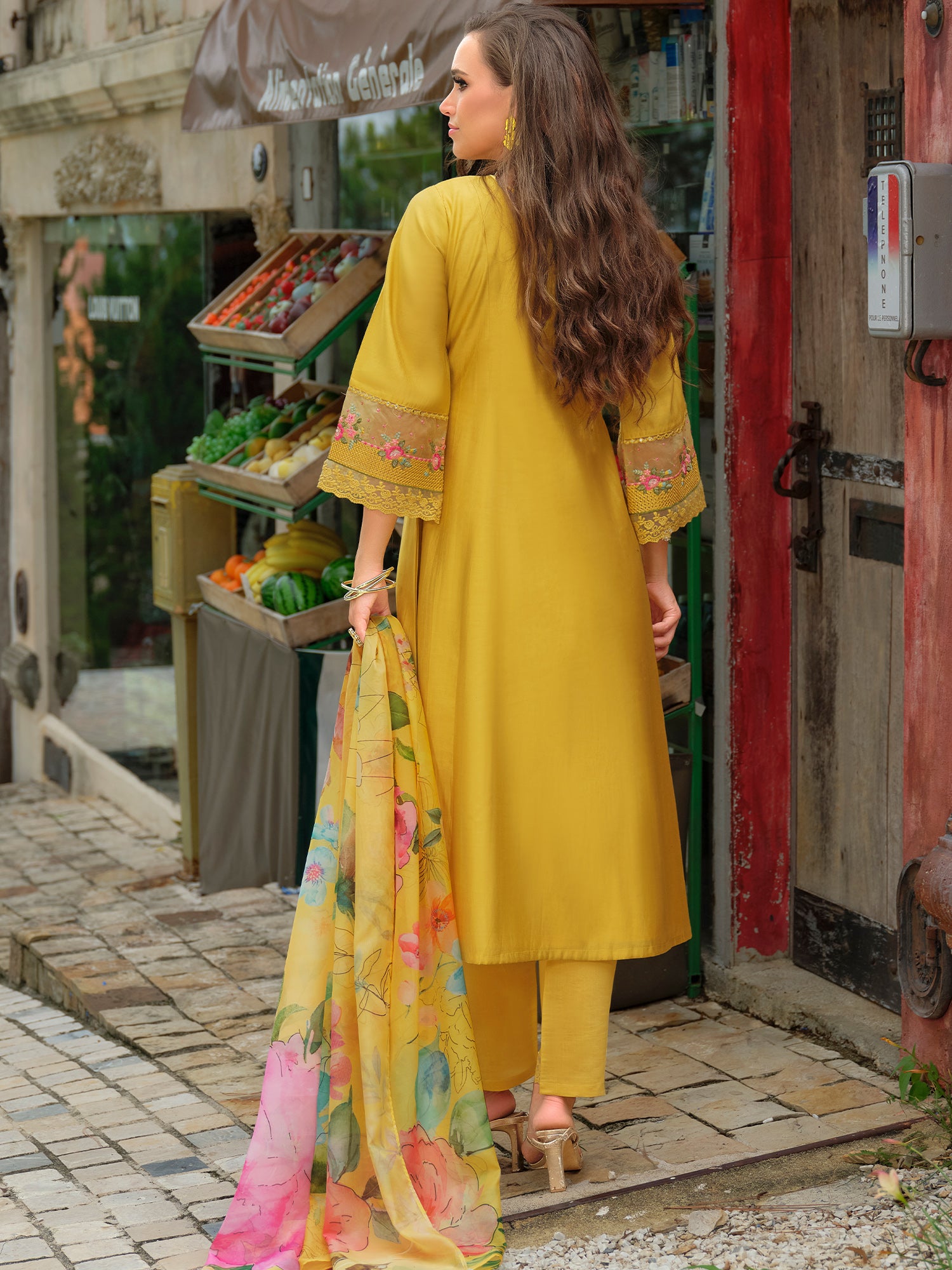 Indo Era Yellow Embroidered A-Line Kurta Trousers With Dupatta Set- IE