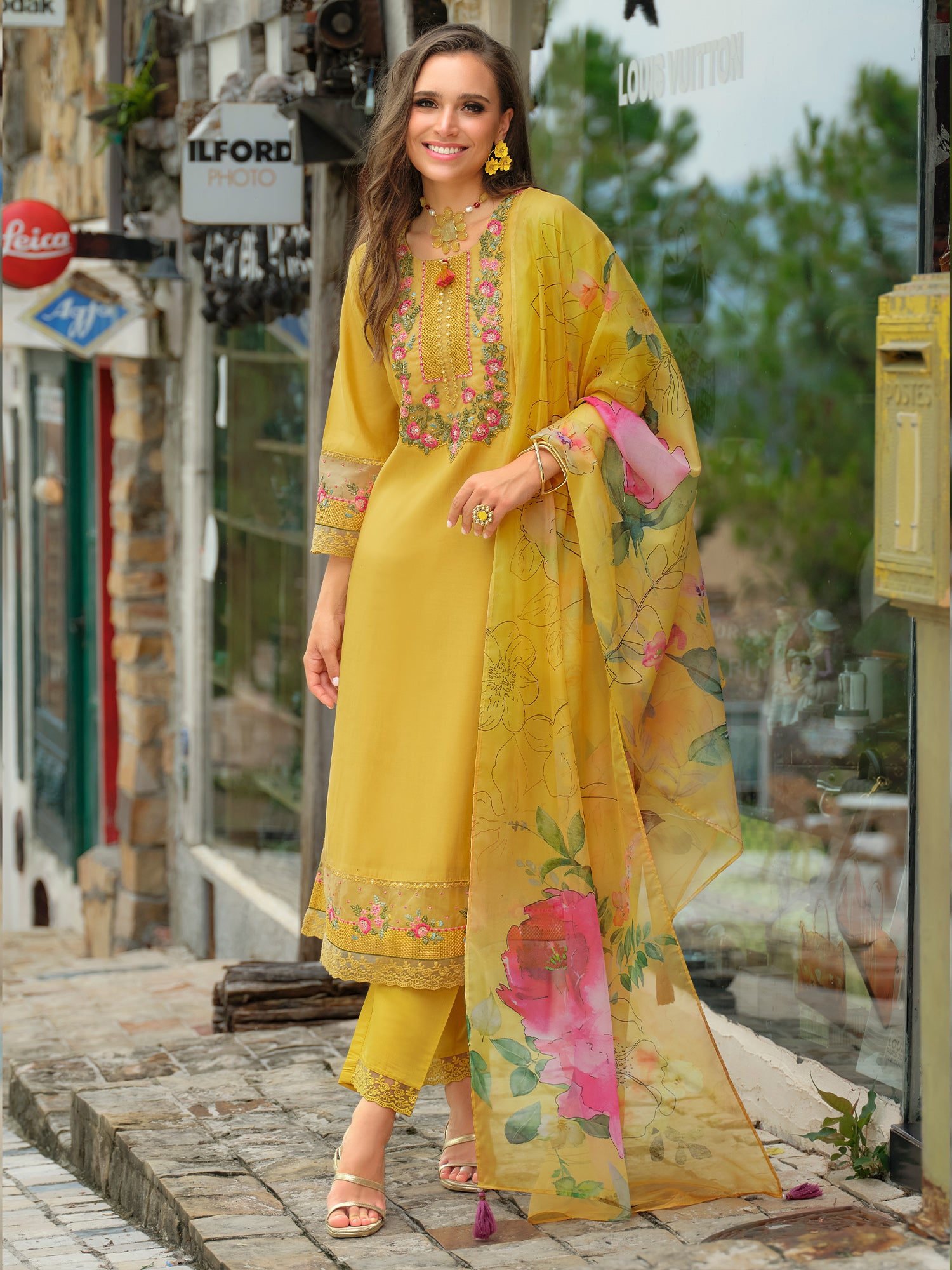 Indo Era Yellow Embroidered A-Line Kurta Trousers With Dupatta Set- IE