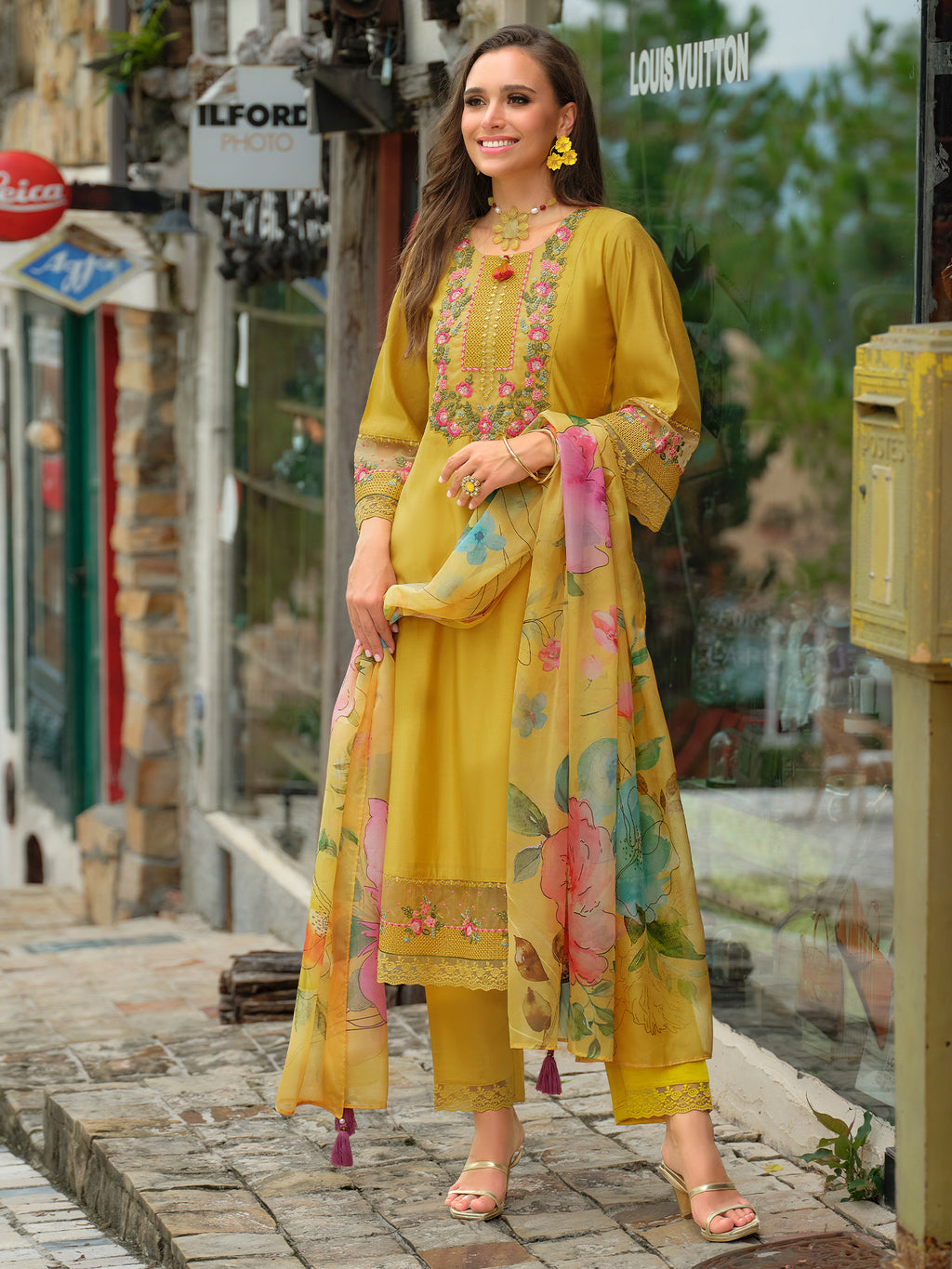 Indo Era Yellow Embroidered A-Line Kurta Trousers With Dupatta Set- IE