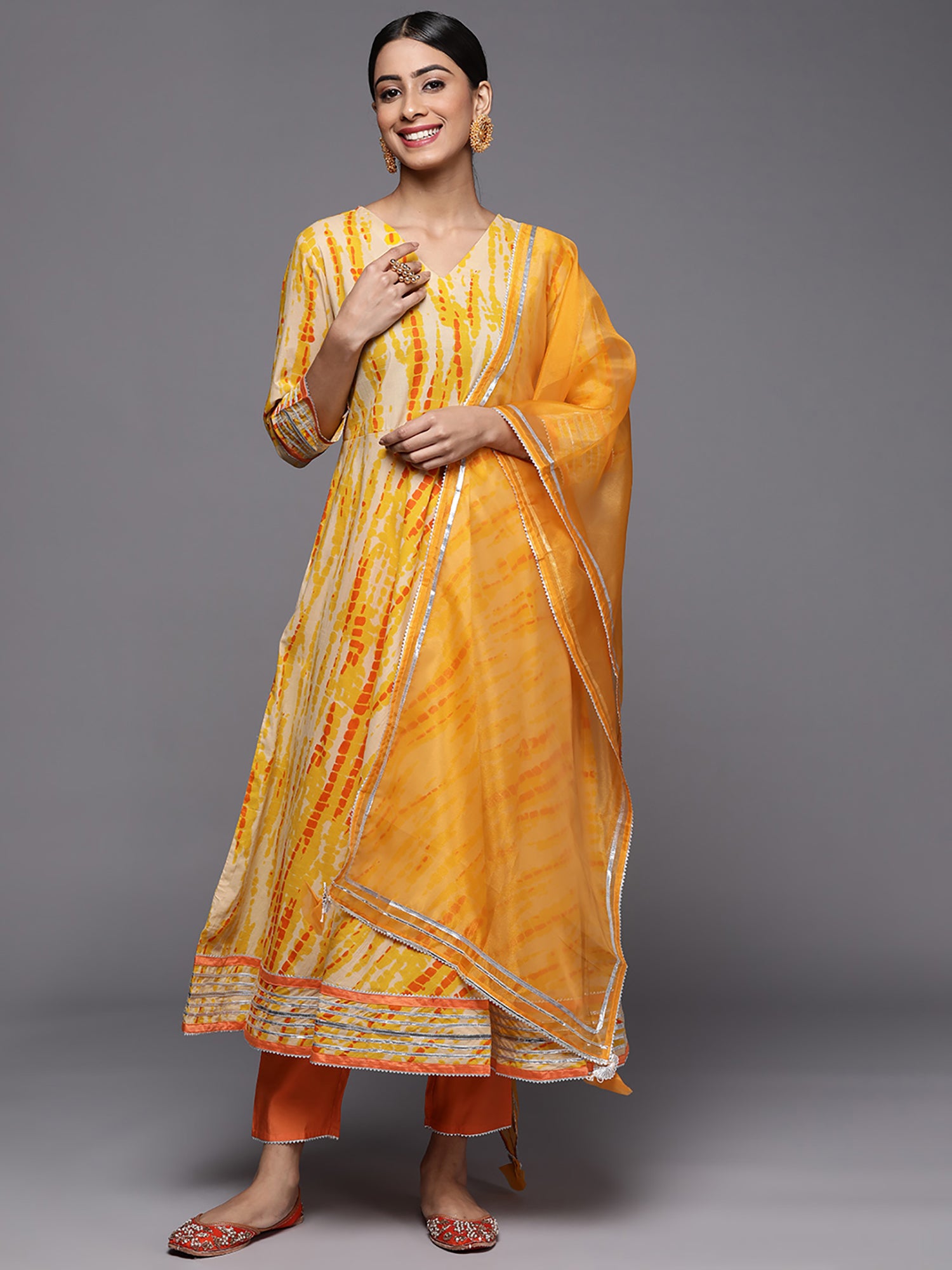 Yellow Tie & Dye A-Line Kurta Trouser With Dupatta Set