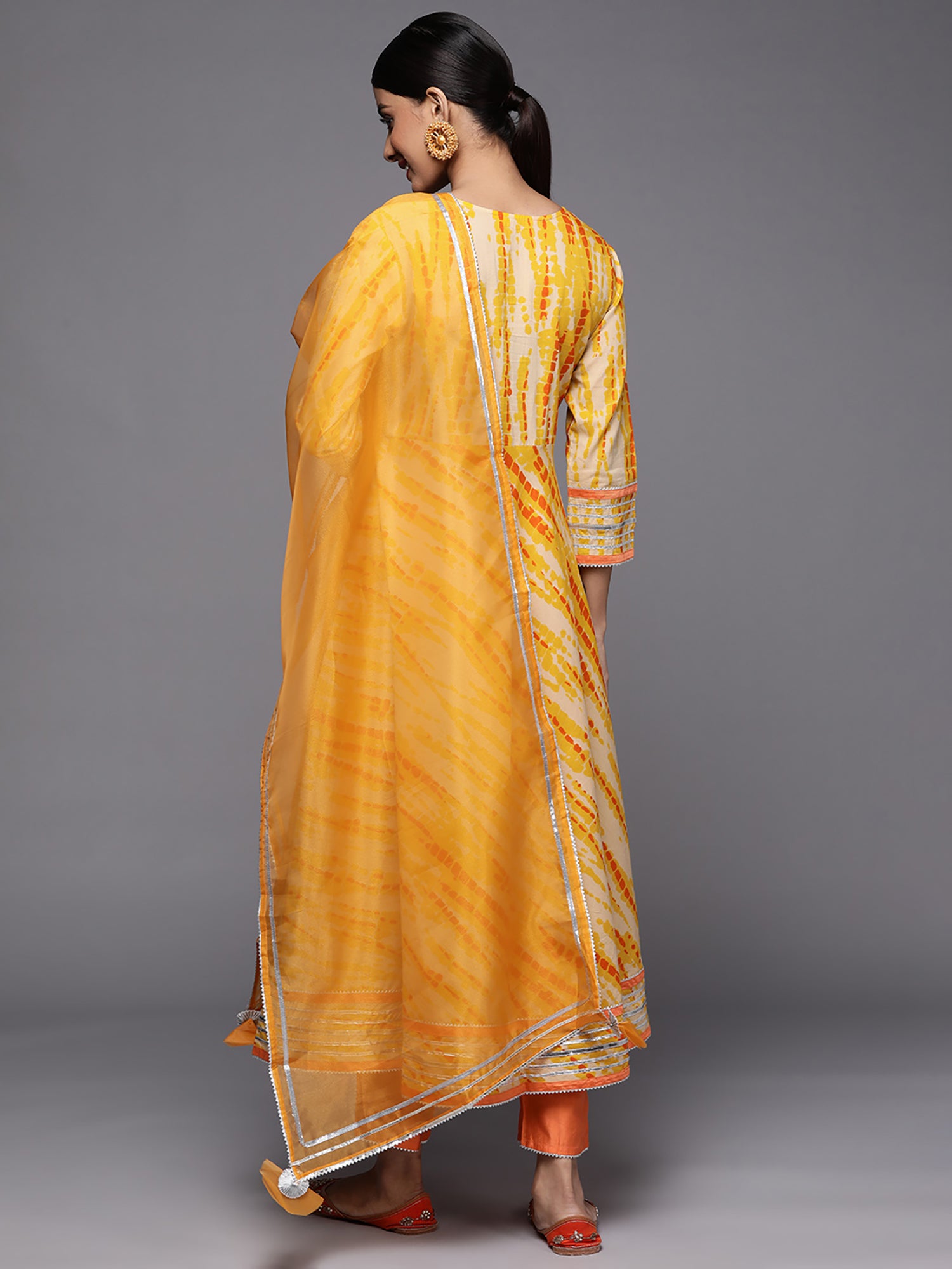 Yellow Tie & Dye A-Line Kurta Trouser With Dupatta Set