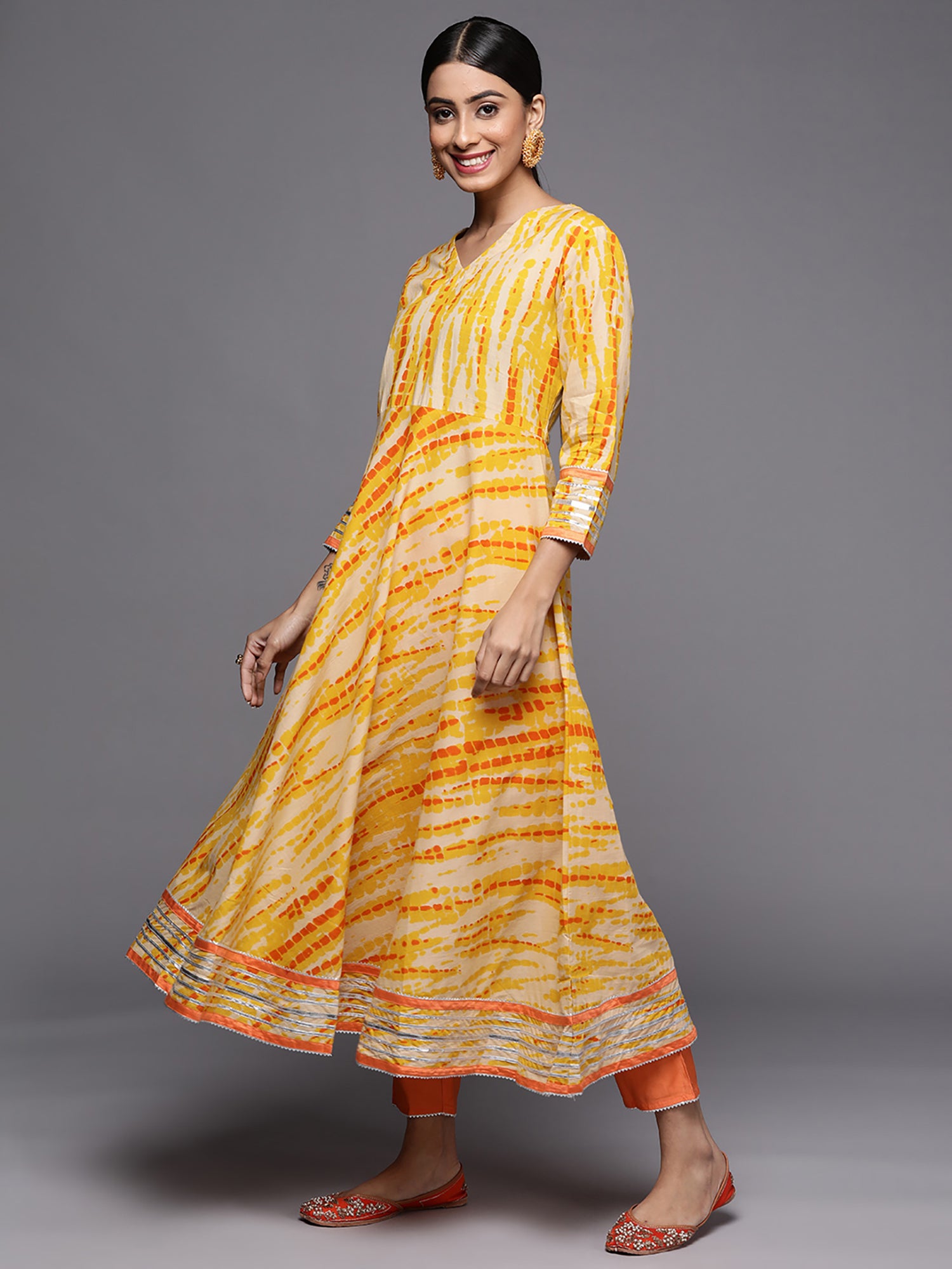 Yellow Tie & Dye A-Line Kurta Trouser With Dupatta Set