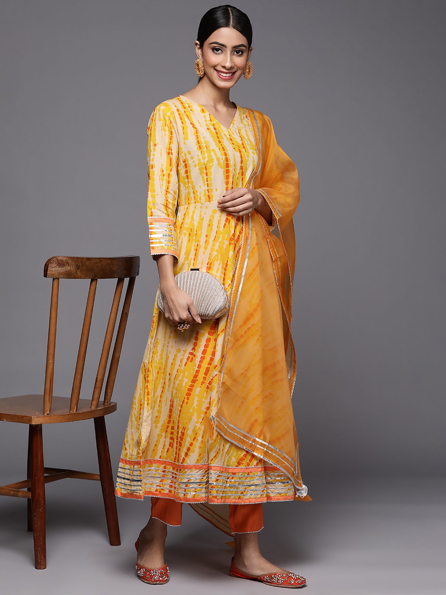 Yellow Tie & Dye A-Line Kurta Trouser With Dupatta Set