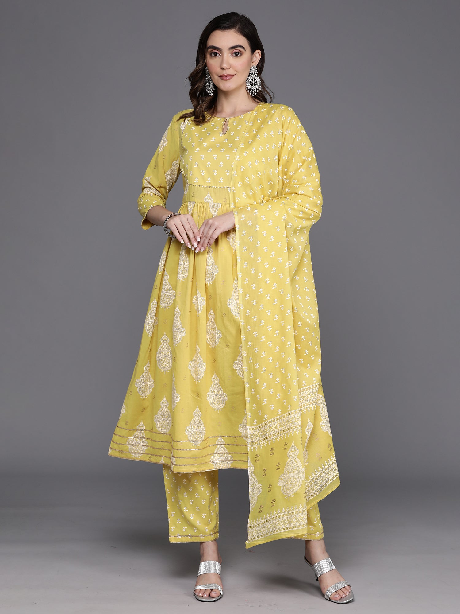 Yellow Printed A-Line Kurta Trousers With Dupatta set