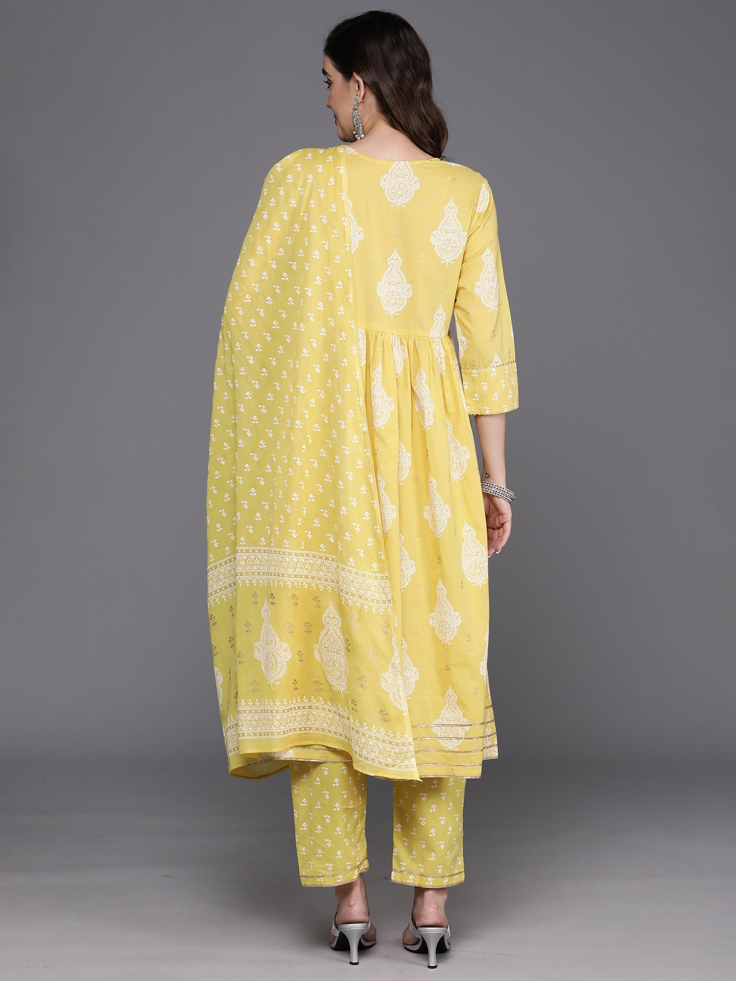 Yellow Printed A-Line Kurta Trousers With Dupatta set