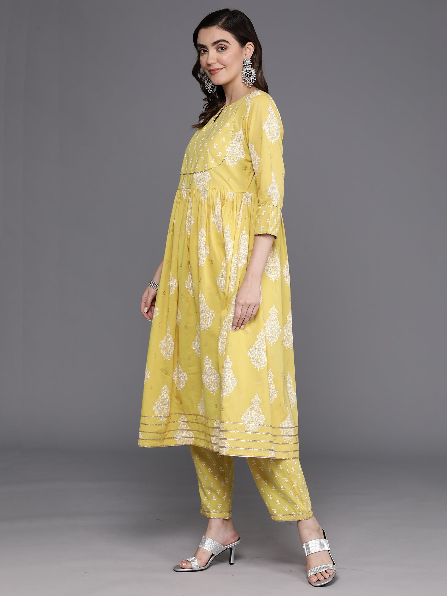 Yellow Printed A-Line Kurta Trousers With Dupatta set