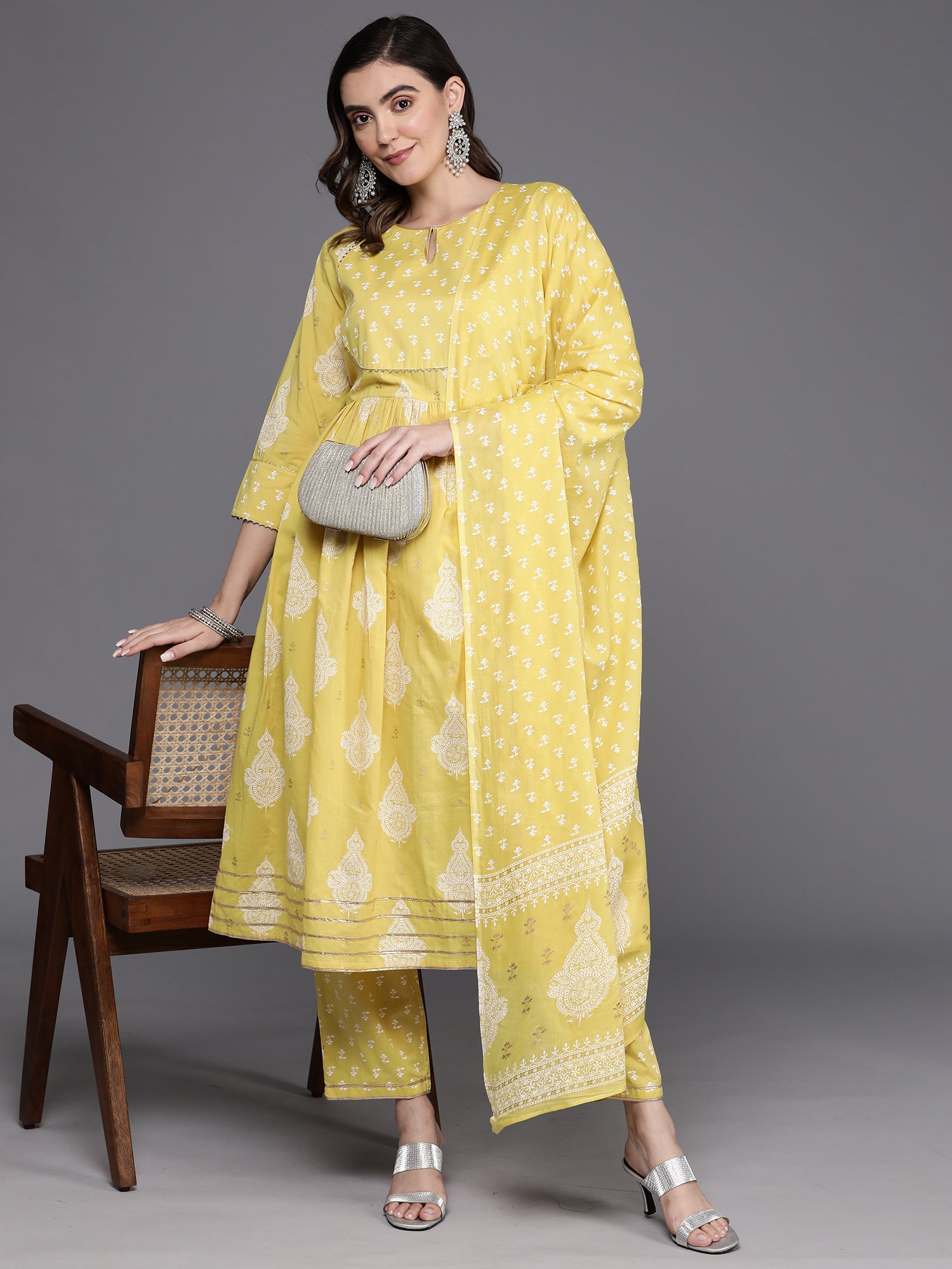 Yellow Printed A-Line Kurta Trousers With Dupatta set