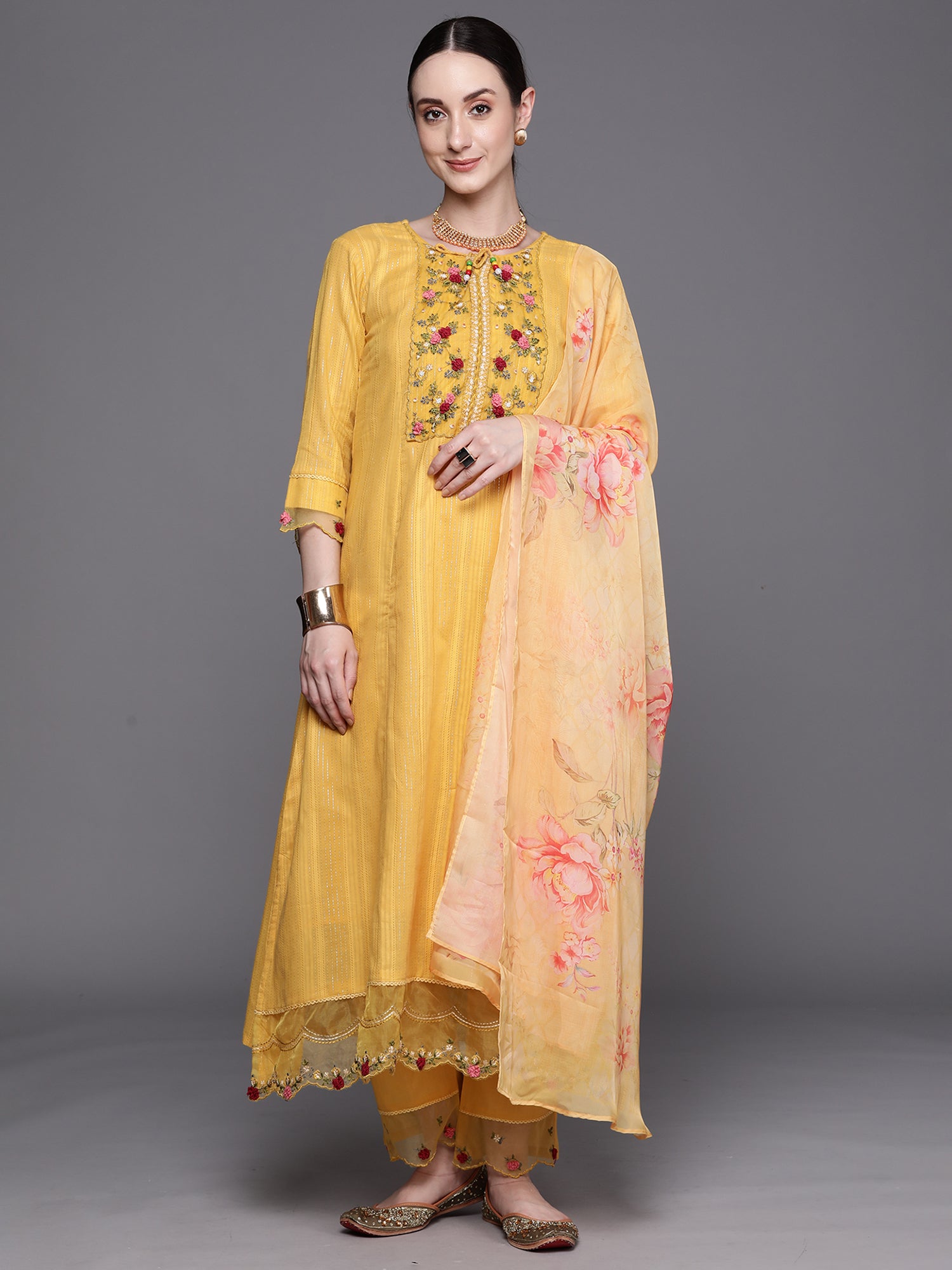 Yellow Embroidered A-Line Kurta Trousers With Dupatta Set