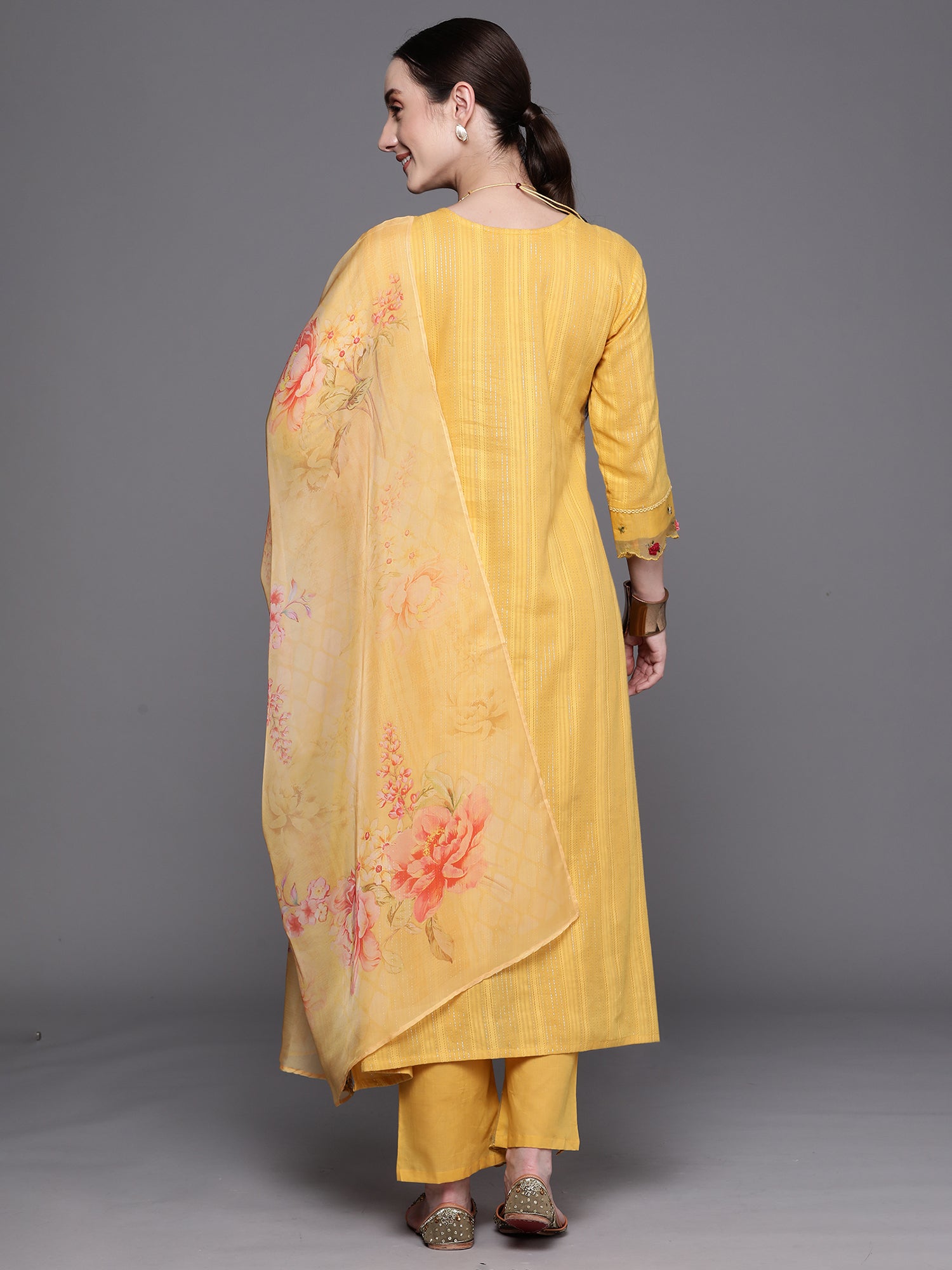 Yellow Embroidered A-Line Kurta Trousers With Dupatta Set