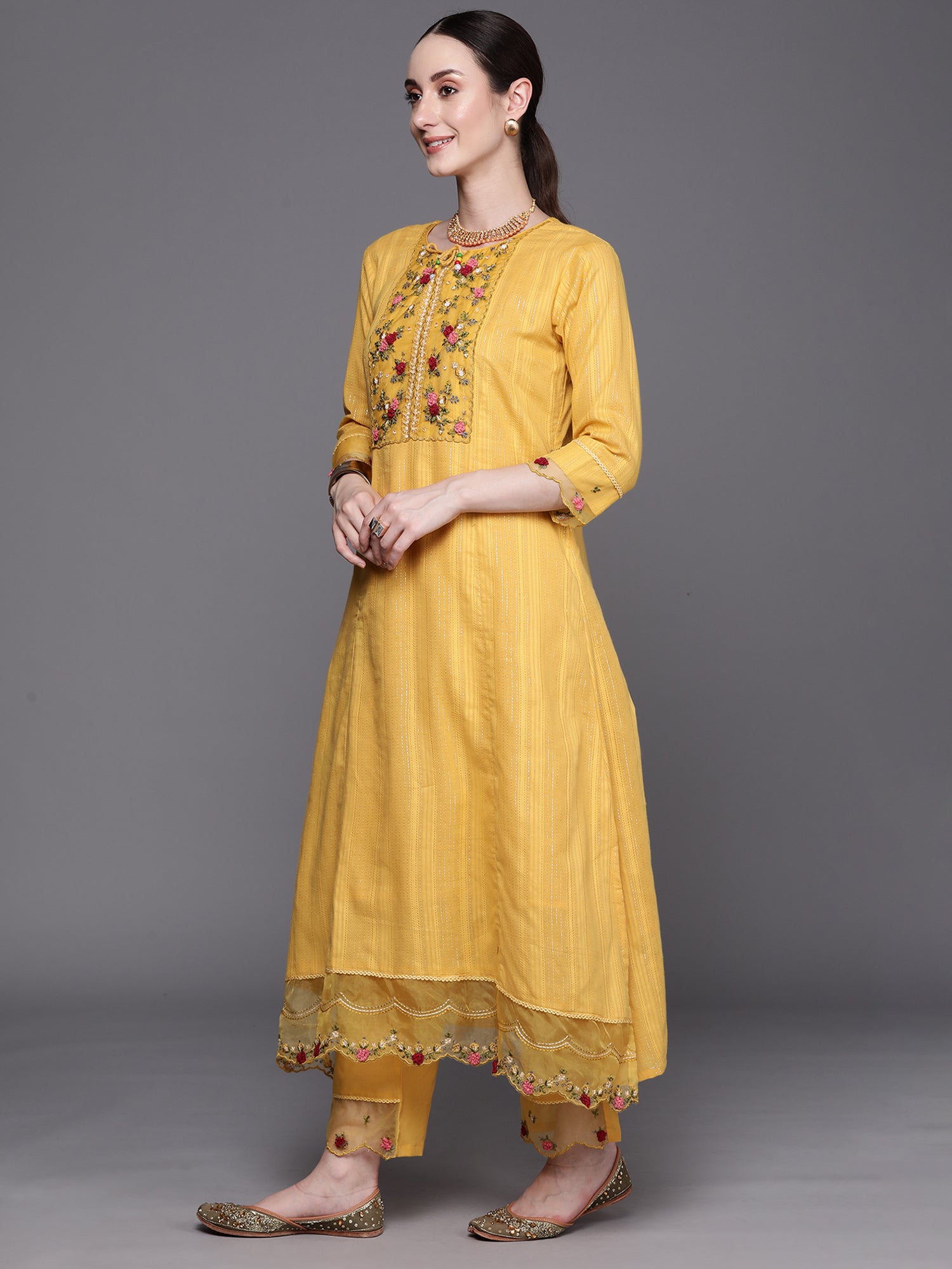 Yellow Embroidered A-Line Kurta Trousers With Dupatta Set