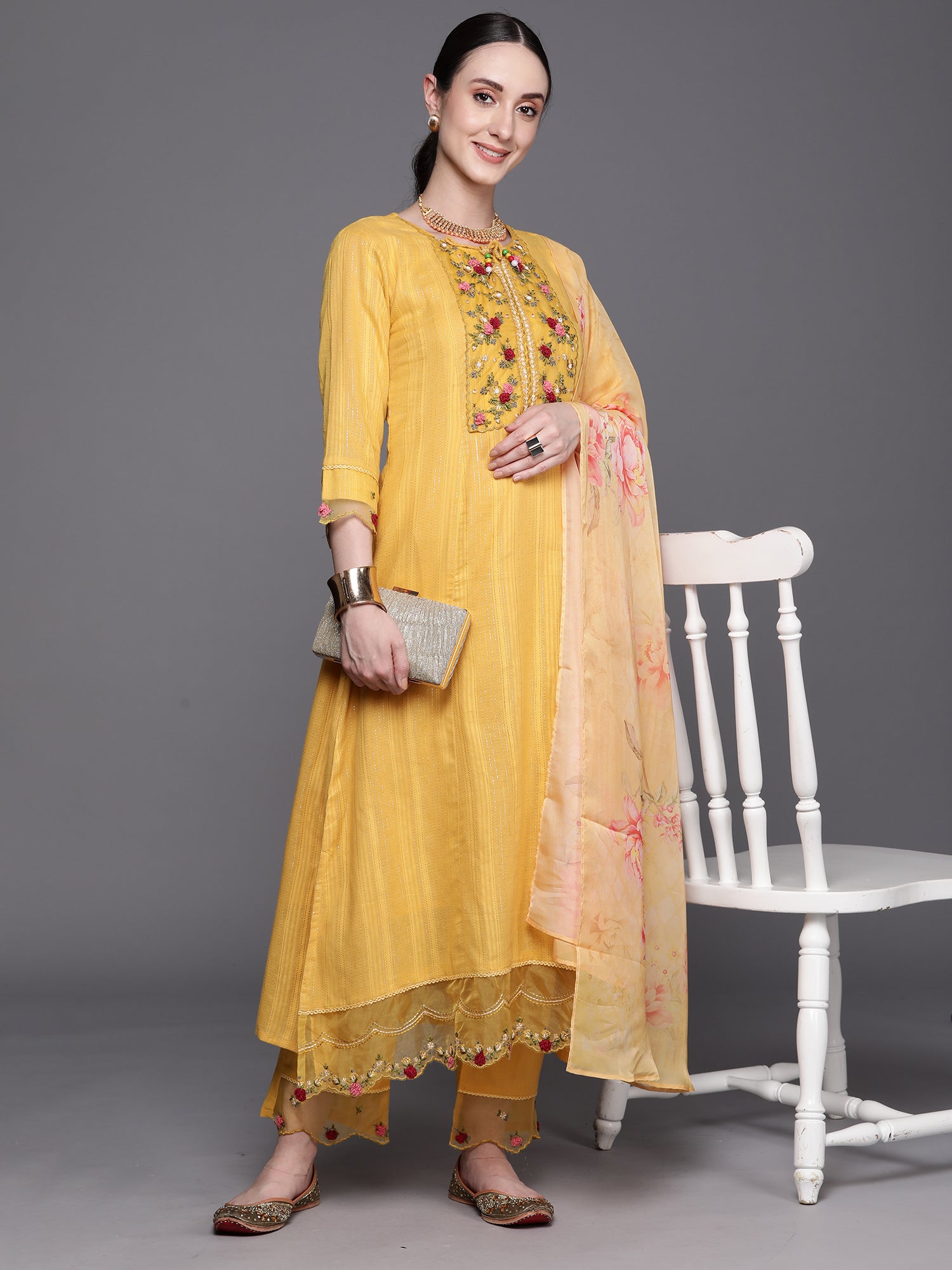 Yellow Embroidered A-Line Kurta Trousers With Dupatta Set