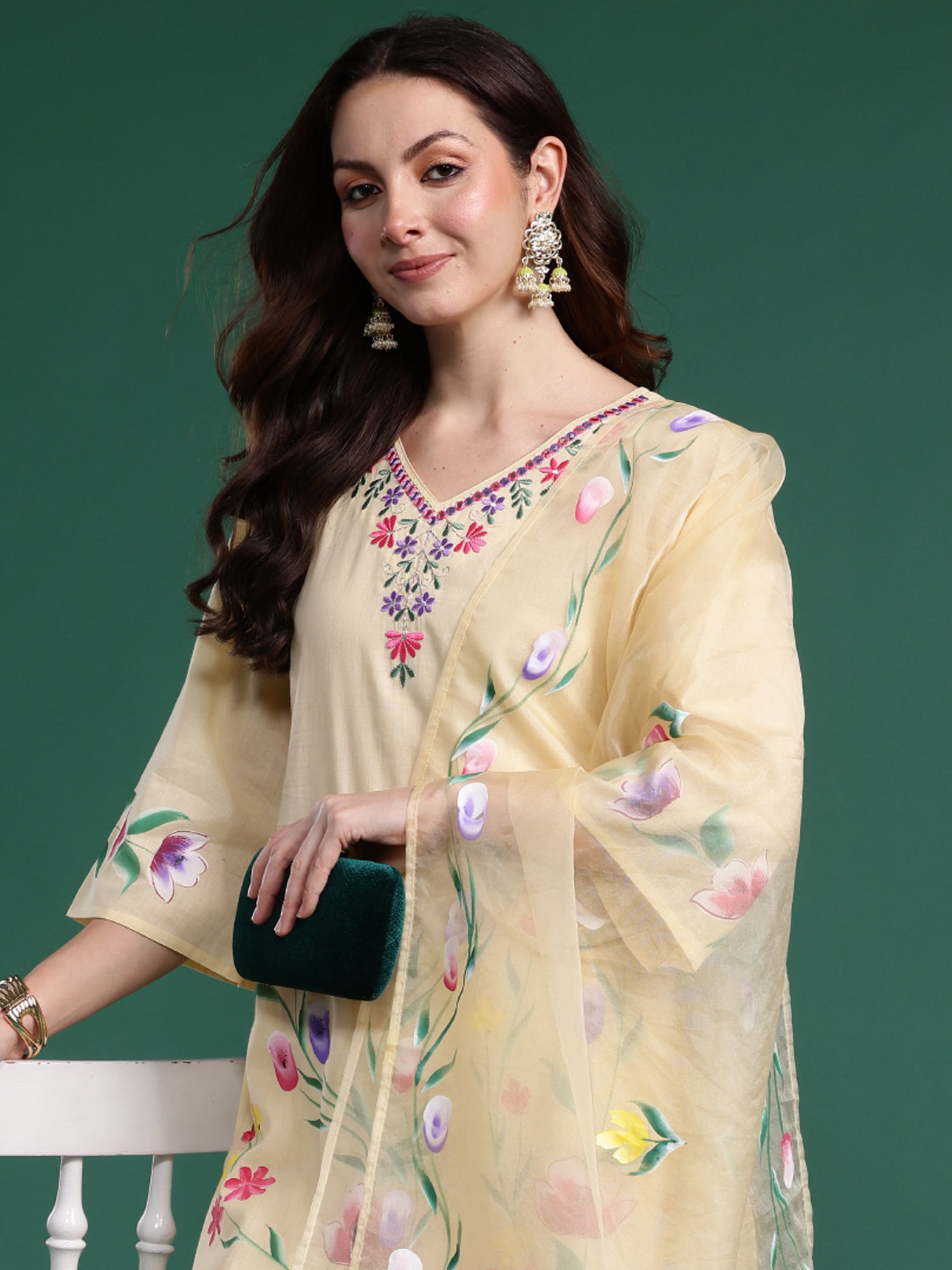 Indo Era Yellow Embroidered Straight Kurta Trousers With Dupatta Set- IE