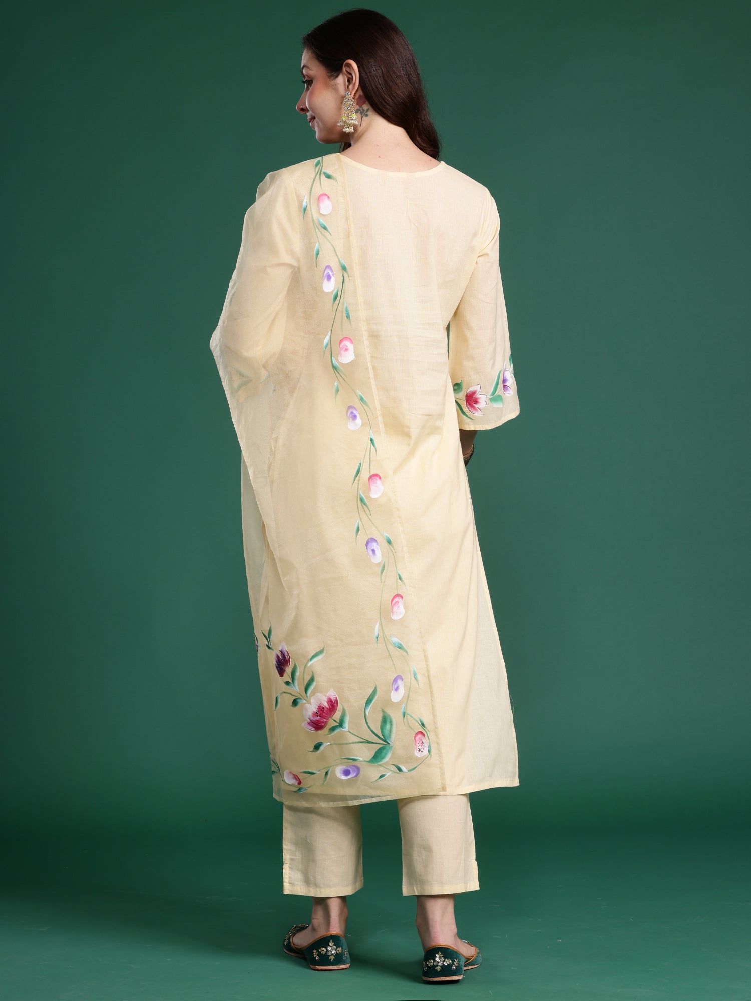 Indo Era Yellow Embroidered Straight Kurta Trousers With Dupatta Set- IE