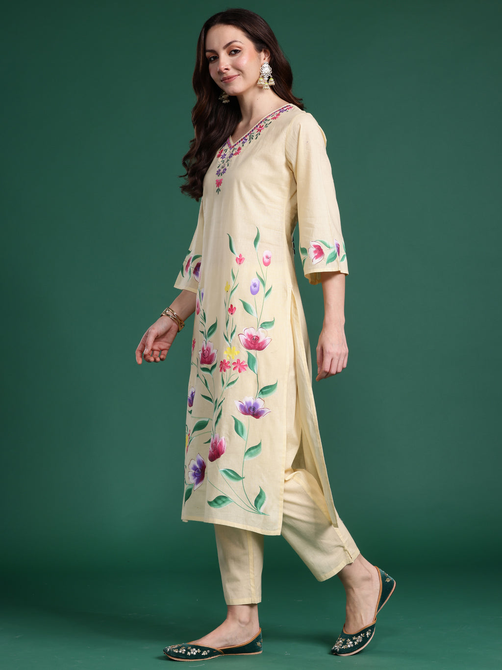 Indo Era Yellow Embroidered Straight Kurta Trousers With Dupatta Set- IE