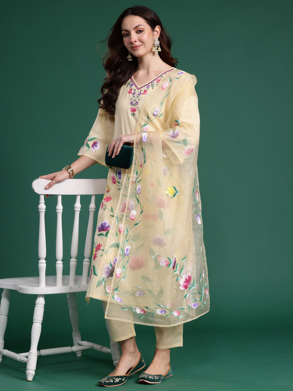Indo Era Yellow Embroidered Straight Kurta Trousers With Dupatta Set- IE