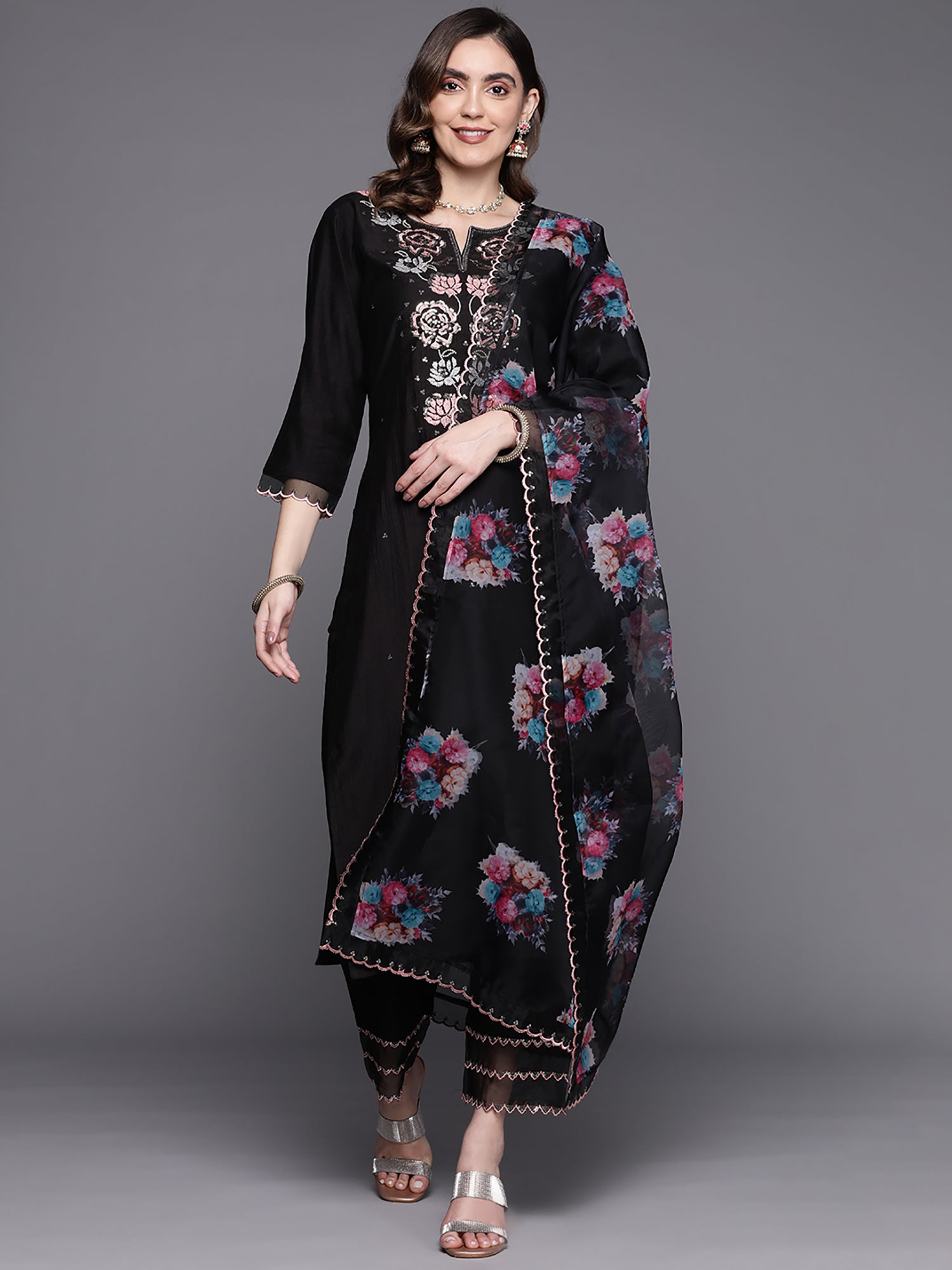 Black Embroidered Straight Kurta Trousers With Dupatta Set